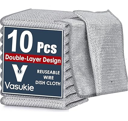 Vasukie Multipurpose Non-Scratch Stainless Steel Wire Dishwashing Rags | Scrubber Dishcloth Dishes Sinks Counters | Easy Rinsing | Machine Washable | Durable & Reusable | Wet & Dry Use | (PACK OF 10)