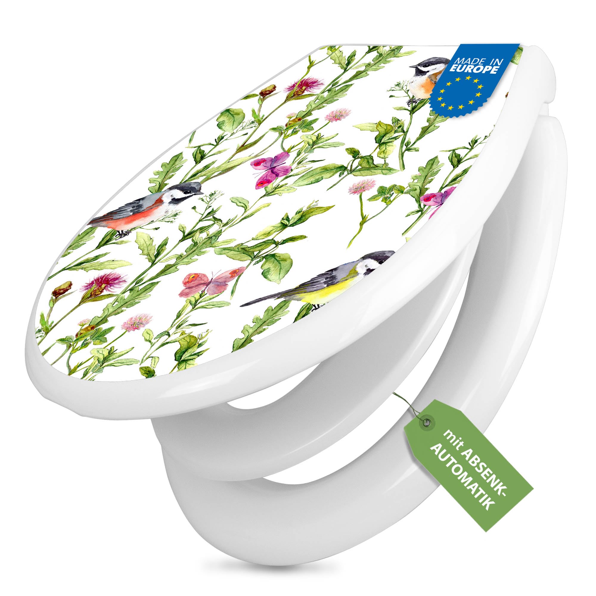 banjado Familien WC Sitz mit Absenkautomatik 44,9x37,1cm - Klobrille mit Kindersitz aus hochwertigem Polypropylen - Toilettendeckel mit Kinder Toilettensitz integriert - Motiv Meisen im Klee