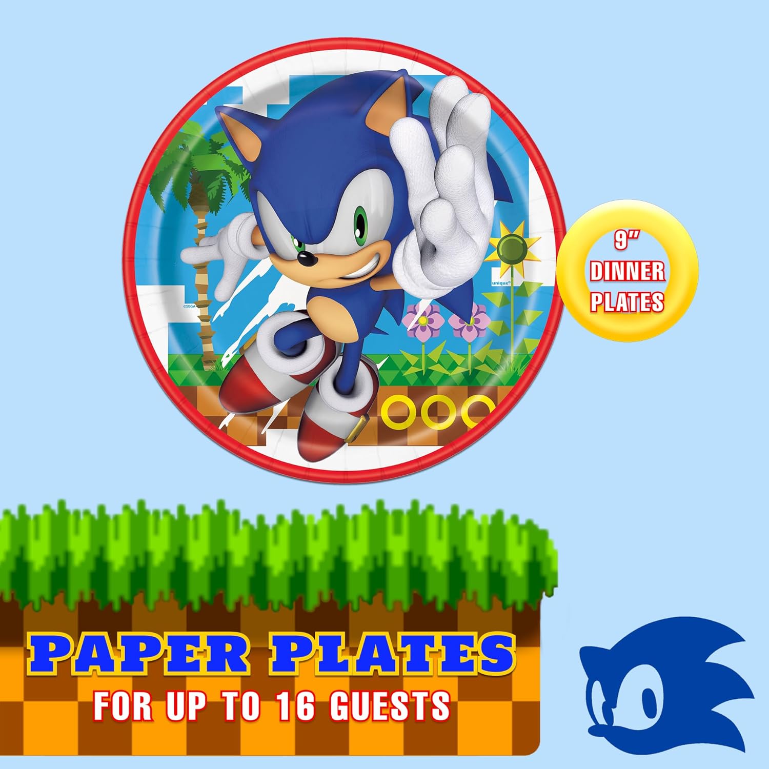 Unique Sonic the Hedgehog Party Bundle Plastic Table Cover 18” Foil Balloon 16 Round Plates with Celebrate With Me Sticker | Sonic Birthday Party Supplies for Kids