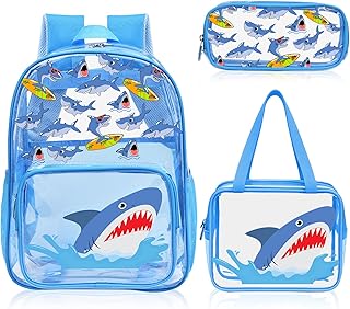 3PCS Clear Blue Backpack for School - Shark Cartoon Kids Clear Backpacks for Boys and Girls, Heavy Duty Transparent Bookbag with Lunch Bag and Pencil Case - See Through PVC Transparent Bookbag