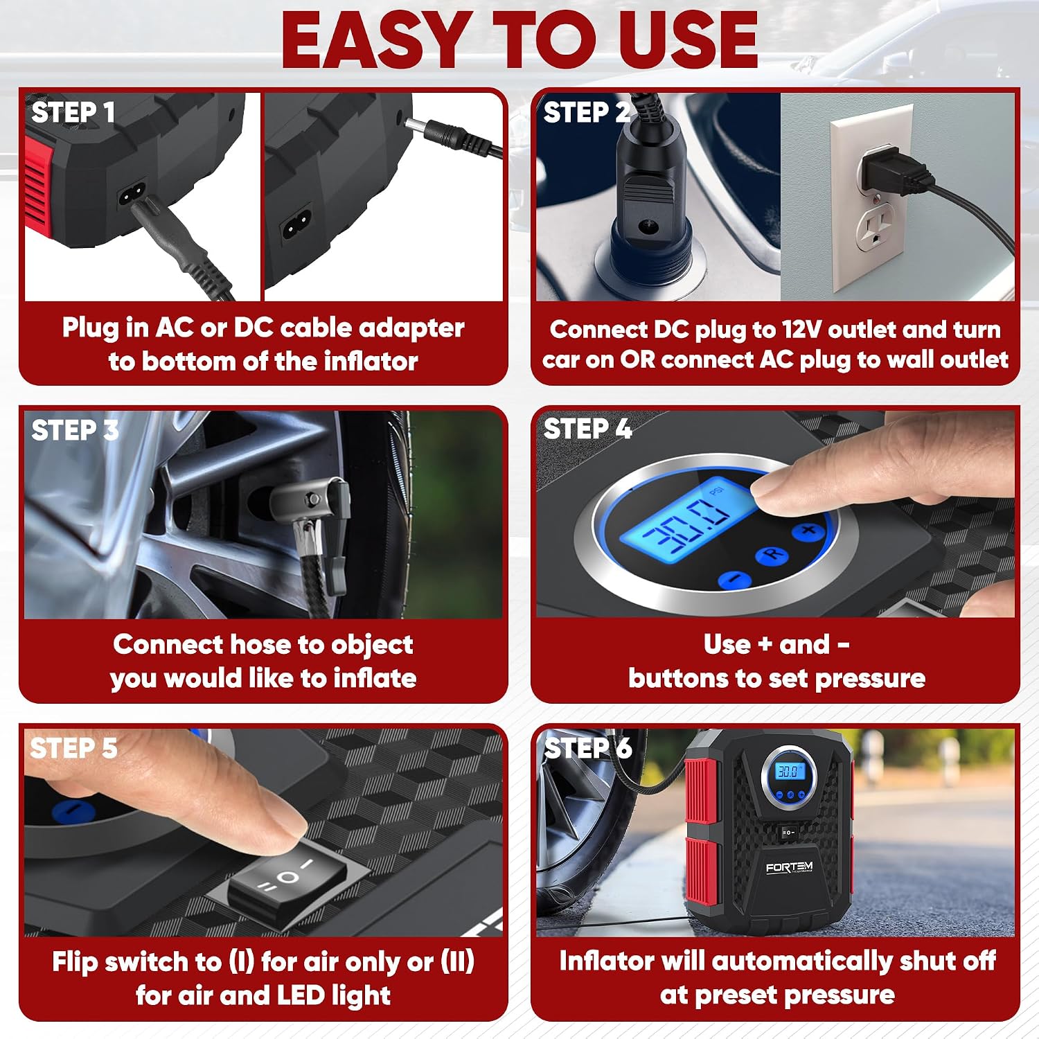 FORTEM Tire Inflator 150 PSI 110V/12V Auto Pump/Shut Off Car/Bike Pump