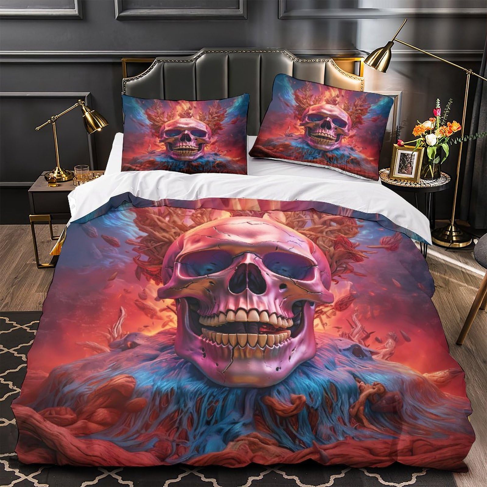Housse de couette crâne hypoallergénique et respirante pour lit double 200x200