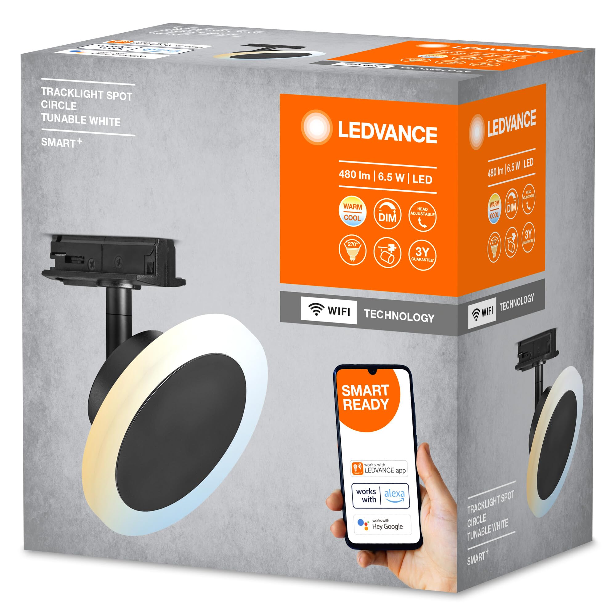LEDVANCE Tête d'éclairage du système de rail SMART+ Tracklight WiFi, noir, 6,5 W, 480 lm, tête directionnelle, blanc réglable 3000K-6500K, contrôlable par application, compatible Amazon, Google, etc.