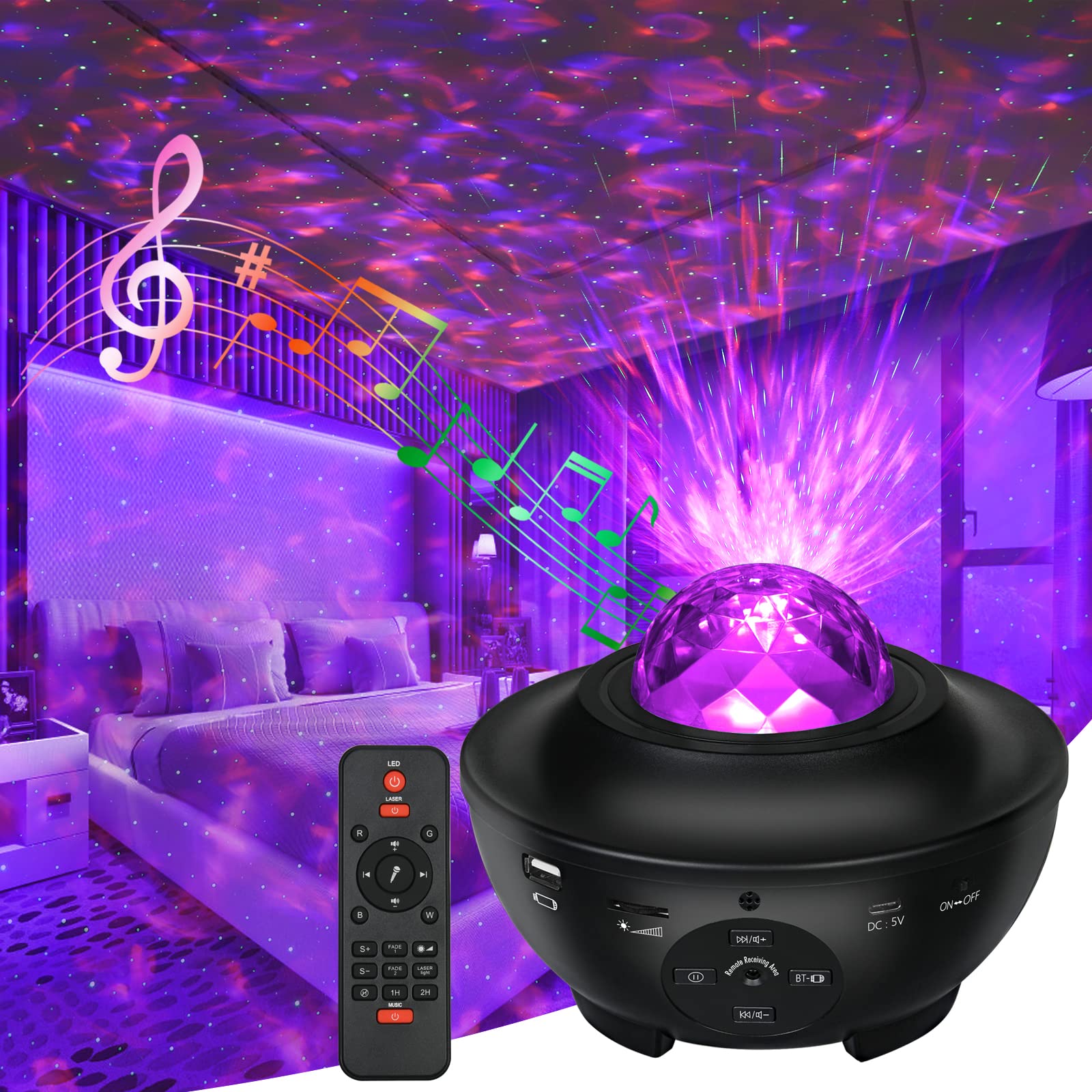 URAQT LED Ceiling Galaxy Star Projector Light, 10 Color Mode Ocean Wave Night Lights, Baby Soothing Sleep Lamp, with Bluetooth/Remote Control/Timer/USB/Music Player/Voice Control Mode(Black)