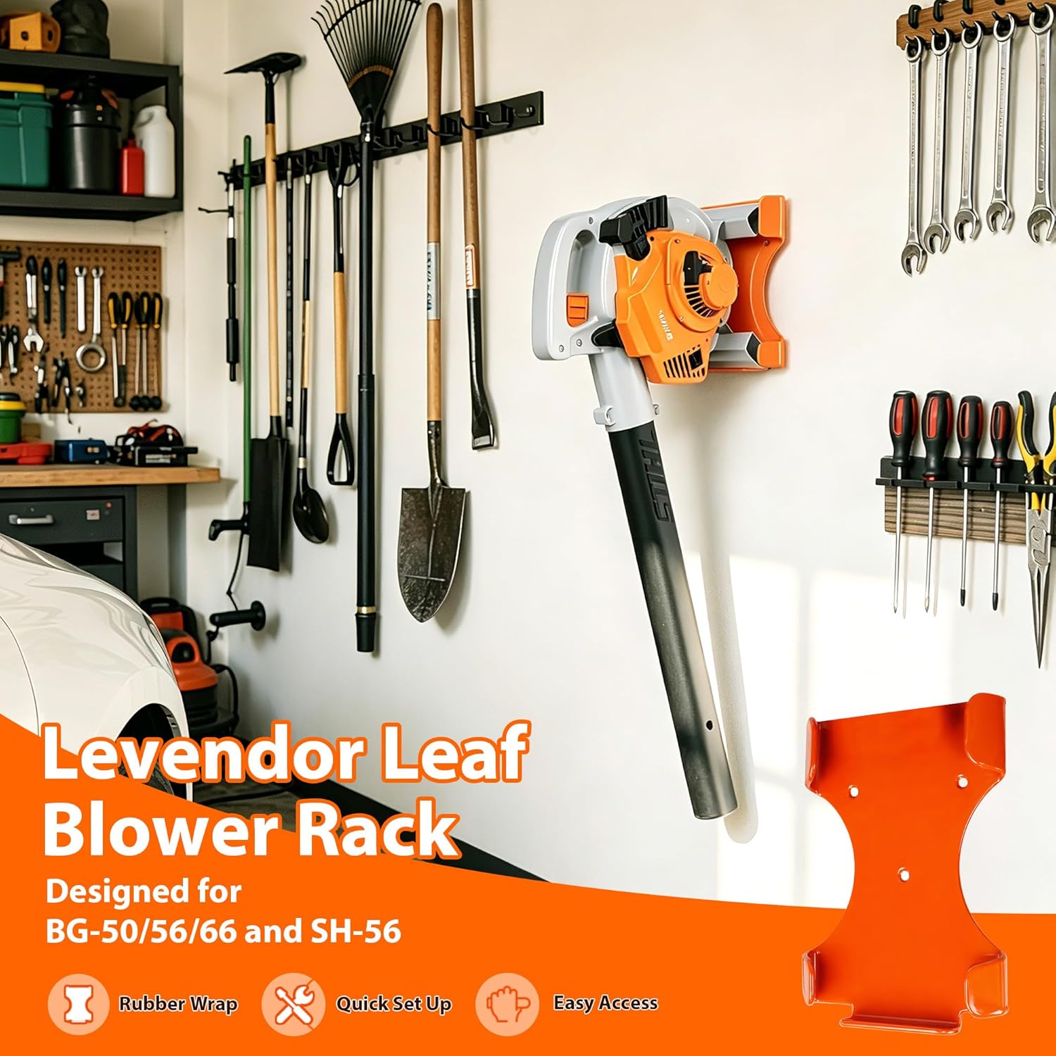 Leaf Blower Rack for Stihl Bg-50,Bg-56,Bg-66, Sh-56 - Leaf Blower Hanger for Garage Wall, Rubber Wraped Handheld Blower Holder, Blower Wall Mount Bracket, Leaf Blower Storage