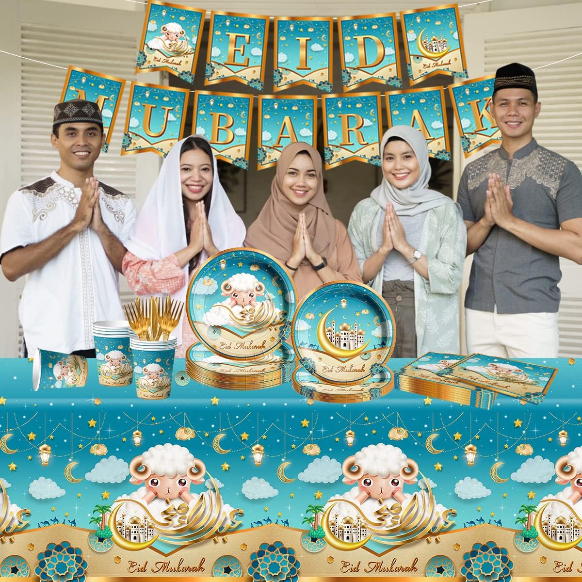 Eid Al Adha Decorations-142Pcs Eid Mubarak Plates and Napkins Set Muslim Tableware Serve 20 Guests for Islamic Holiday