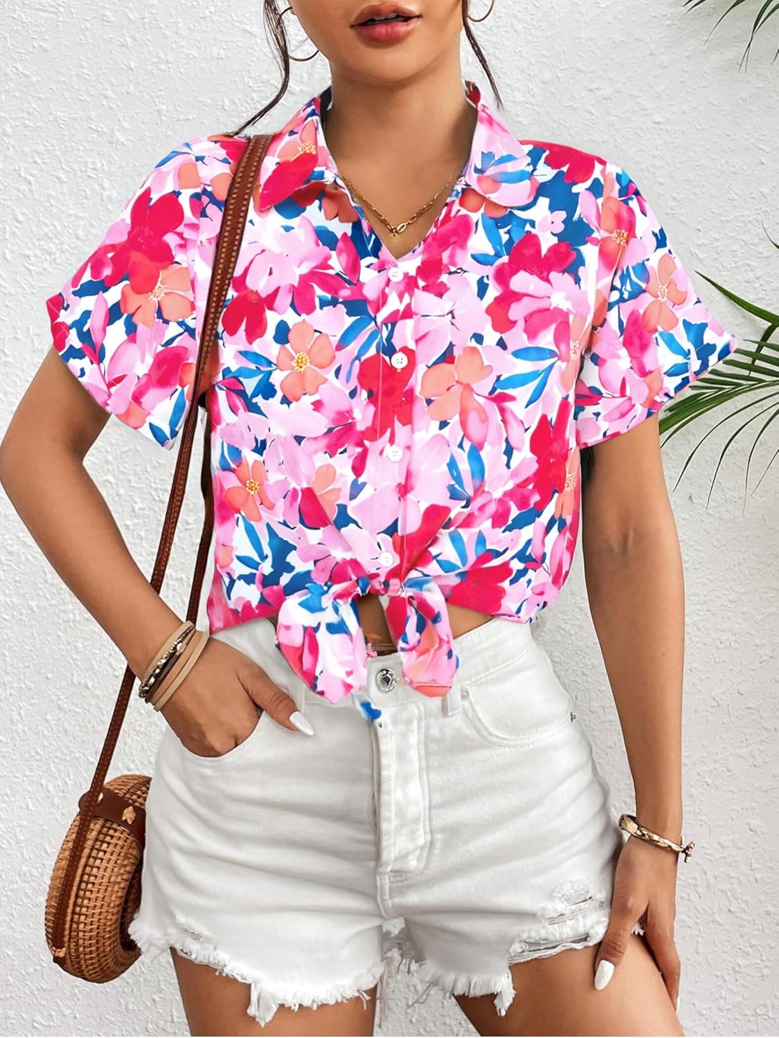 Hawaiian Shirts for Women Hawaii Tropical Button Down Tops Summer Beach Vacation Outfits Floral Short Sleeve Blouses - Image 4