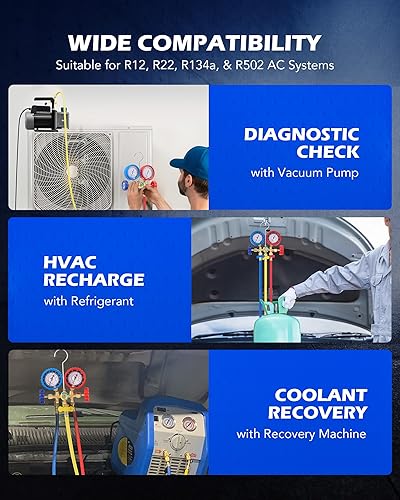 Miniatura 4 de Orion Motor Tech Juego de medidores de CA con autosellado y punción R134A para refrigerante R134a R12 R22 R502, juego de medidor de CA para