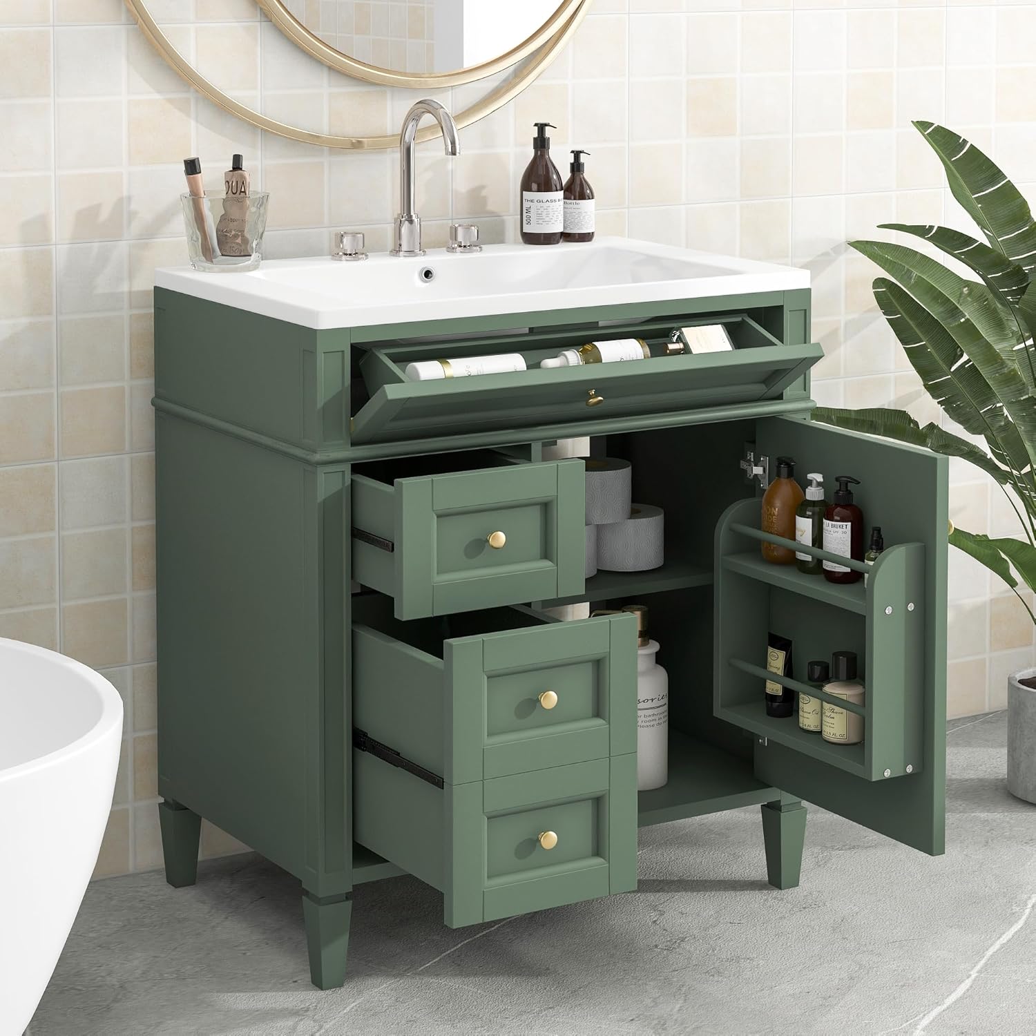 Bathroom Vanity with Resin Top Sink, Modern Storage Cabinet with 2 Drawers and a Tip-Out Drawer, Single Sink Bathroom Vanity 30" L * 18" W * 33" H Green