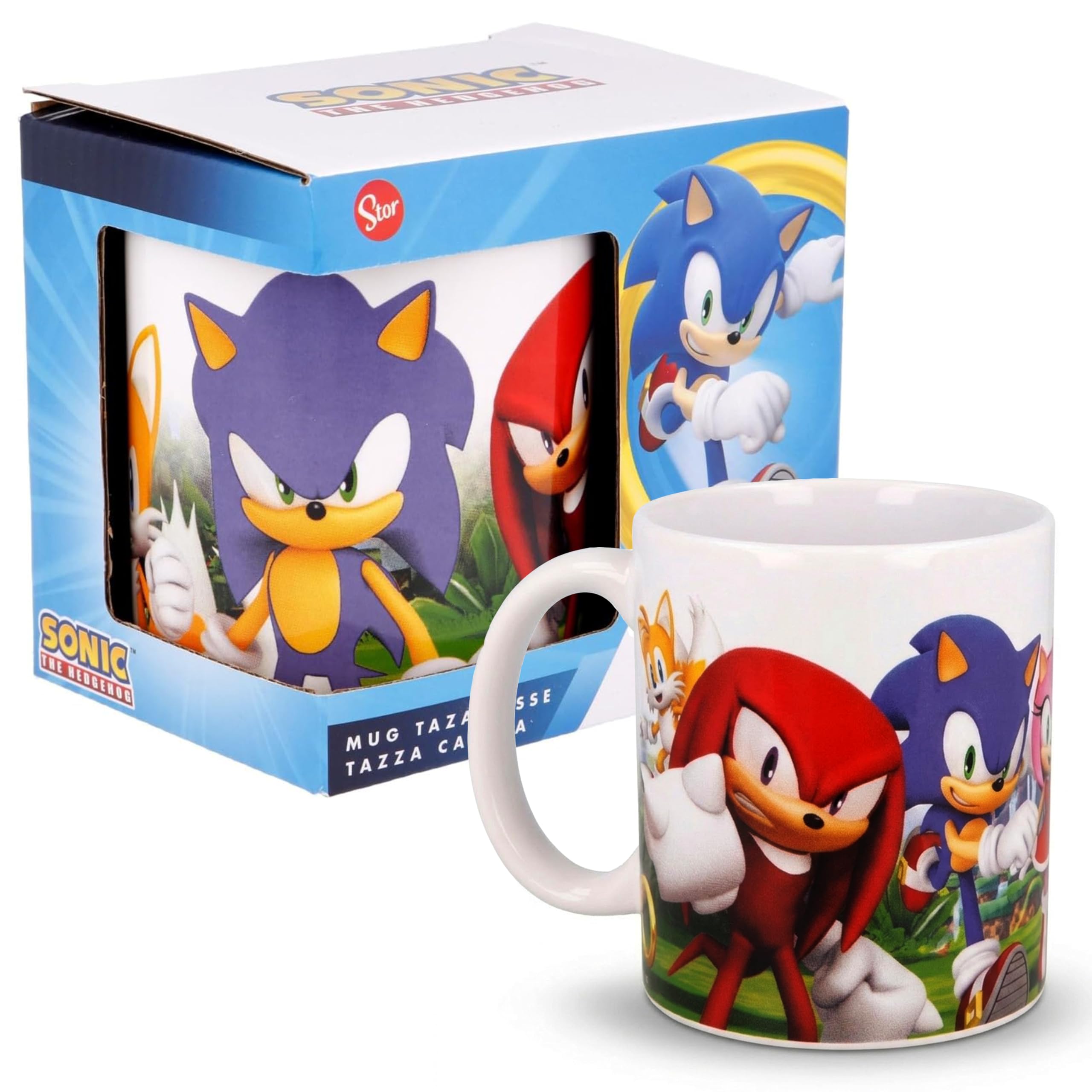 HOVUK Sonic The Hedgehog Ceramic Mug 325ml, Microwave Safe Coffee Cup with Sonic, Tails & Knuckles, Dishwasher Safe White All Over Print Tea Cup for Boys and Girls 4+ Years