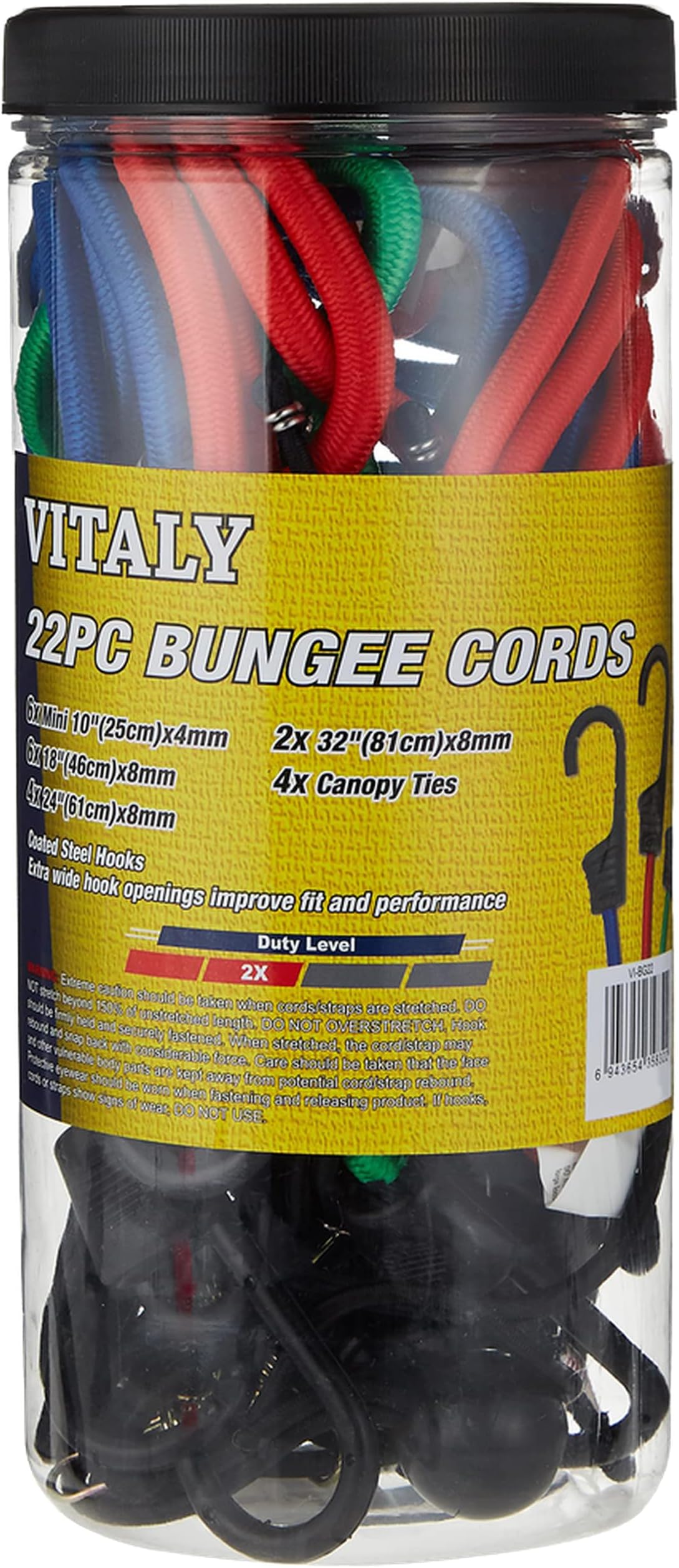 Vitaly Bungee Cords, 22 Pieces – Multi-Colored with Coated Steel Hooks – Extra Wide Hook Openings for Improved Fit & Performance – Includes Mini, Standard, and Canopy Ties – Perfect for Securing Loads