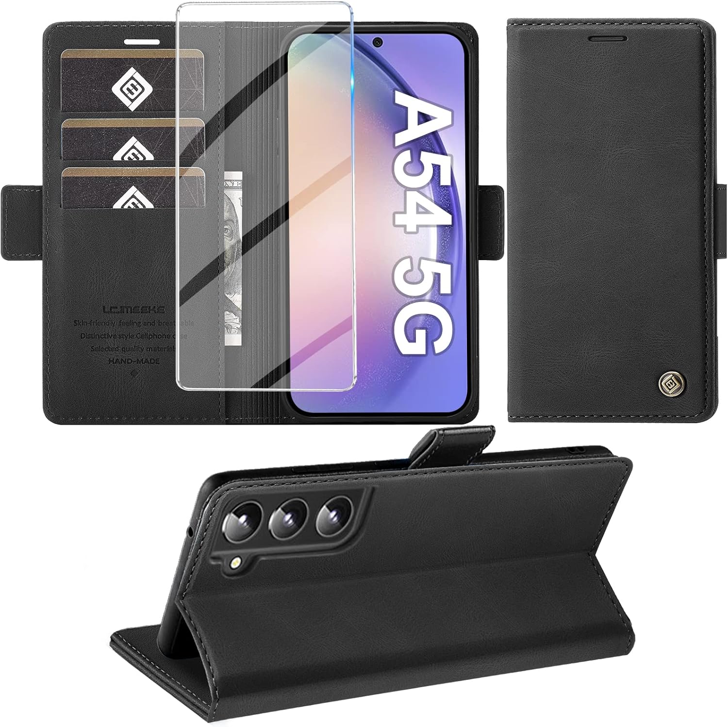 Handyhülle für Samsung Galaxy A54 5G Hülle mit Schutzfolie, Standfunktion Kartenfach Wallet