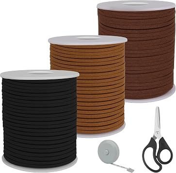 3 Colors Flat Suede Leather Cord, Larbeti 148 Yard Leather String Cord for Jewelry Making Thin Suede String Ribbon Lace for Crafts, Hats, Shoes, Necklaces, Bracelets with Scissors, Ruler