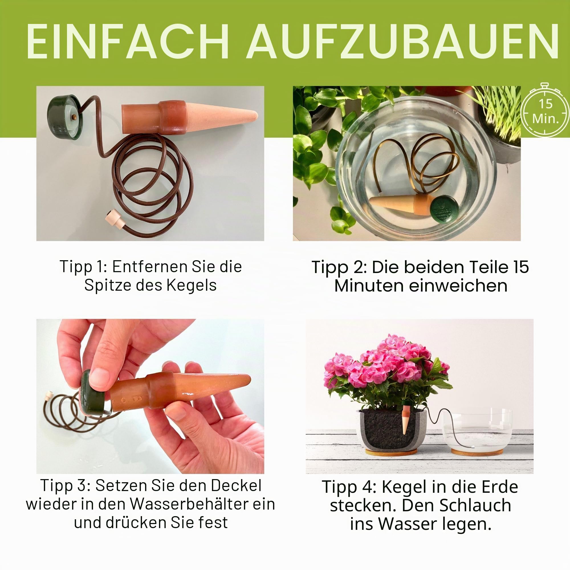 Blumat 12500 Bewässerung für Pflanzen, Pflanzenbewässerung Wasserspender, Terracotta/grün (15 Stück)