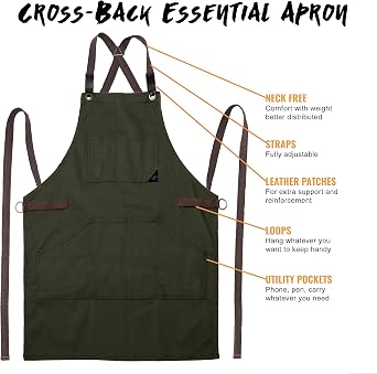 Under NY Sky Essential Apron - Cross-Back with Durable Twill or Denim and Leather Reinforcement