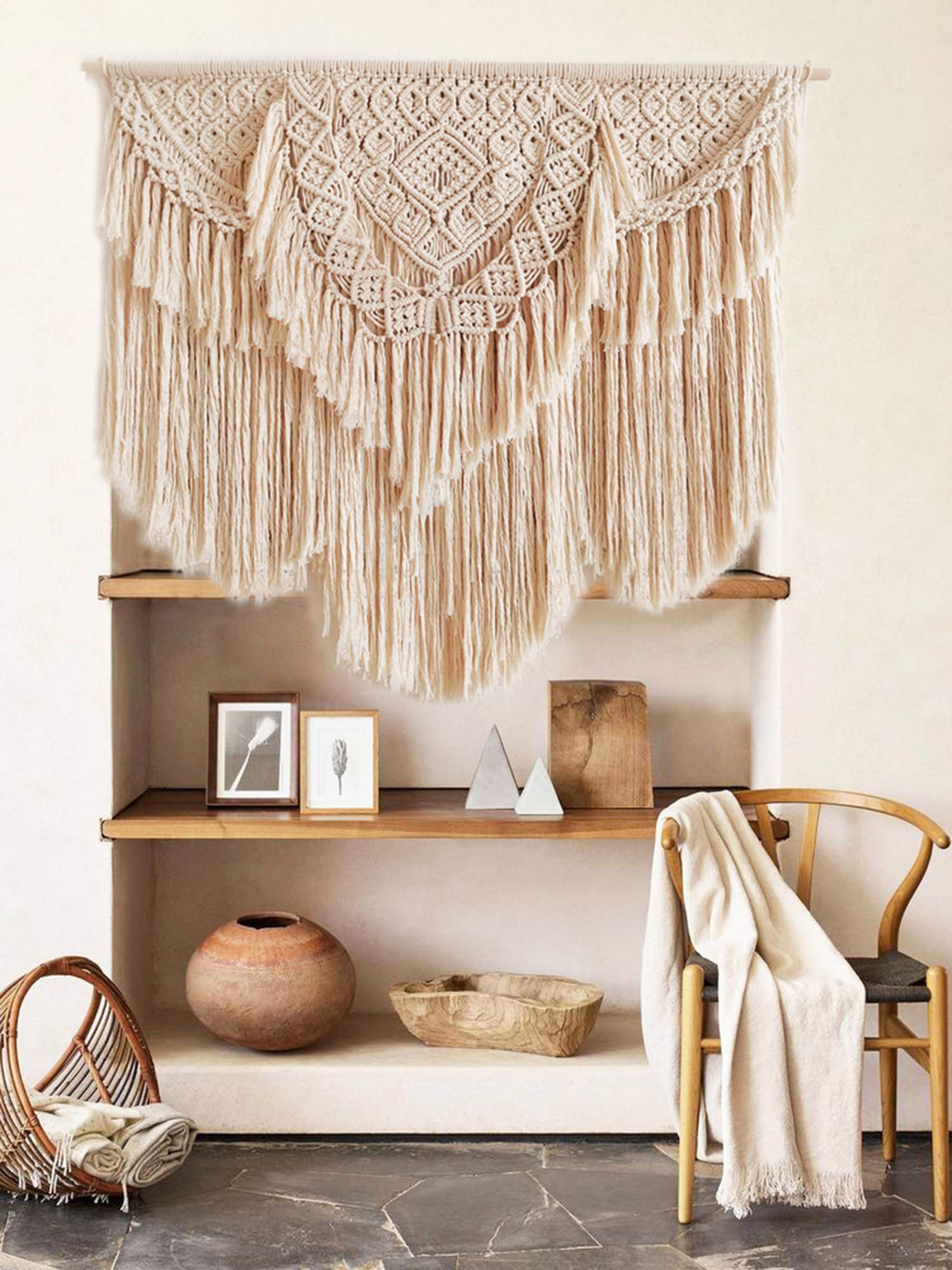Tappeto Macramè Parete Dasing | Decorazione Boho Beige Con Nappe Per Casa