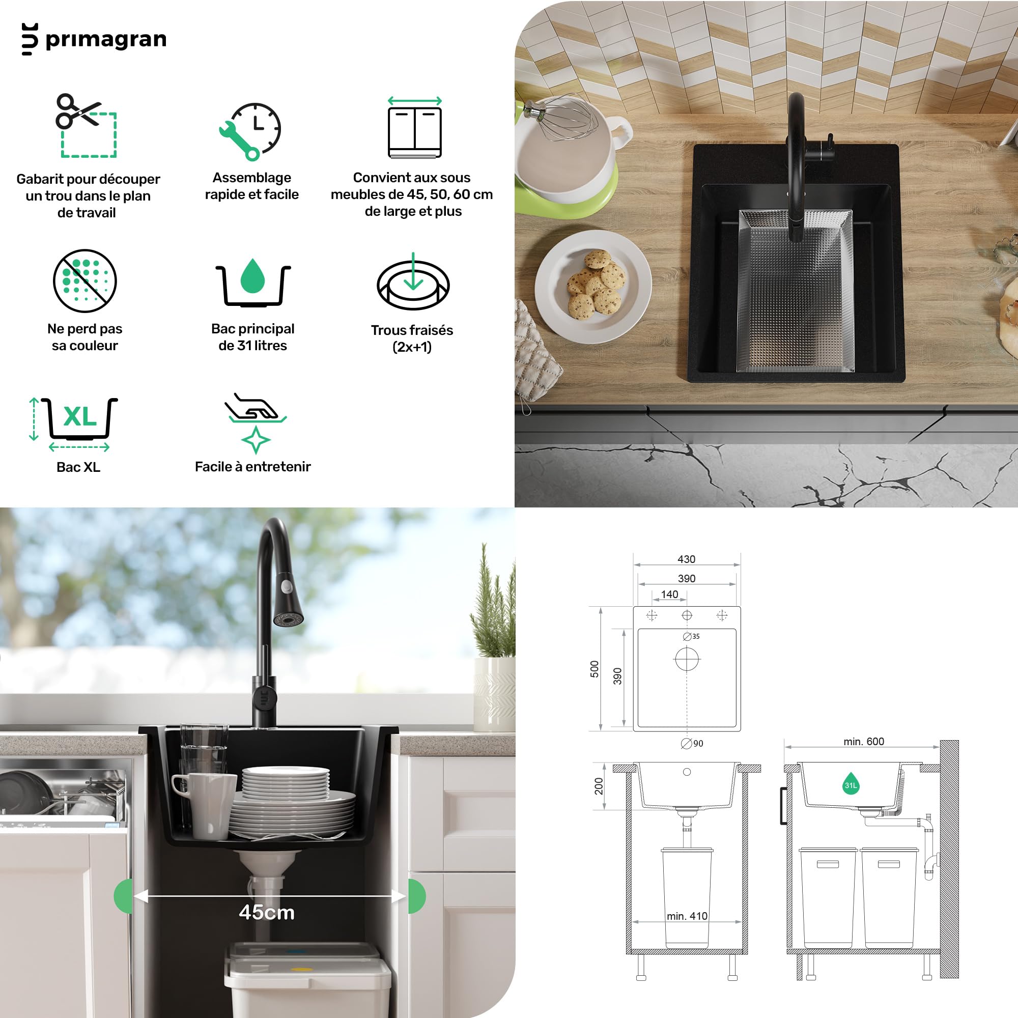 PRIMAGRAN Evier Cuisine en Granit Noir - Riga, 43x50cm | Lavabo 1 Bac + Kit de Vidage, Évier à Encastrer au Meuble 45cm (S125)