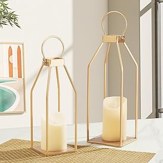 Perfnique Modern Farmhouse Lantern Decor, 15'' 12.6'' Set of 2 Gold Meta...