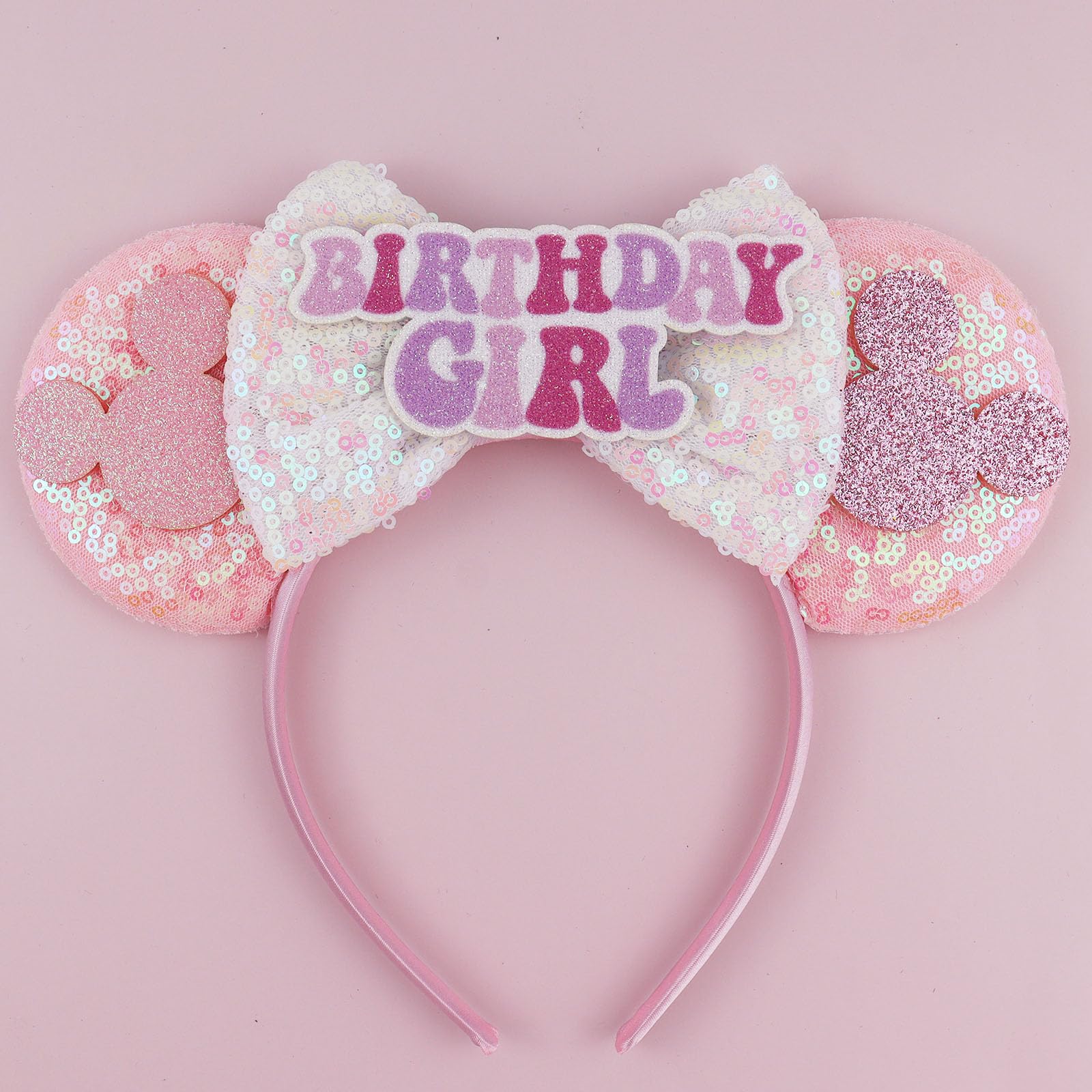 LIHELEI Mouse Ears Headband for Birthday Women, Princess Pink Headbands for Women, Sequin Bows Headwear Hair Accessories - Pink Birthday Headband