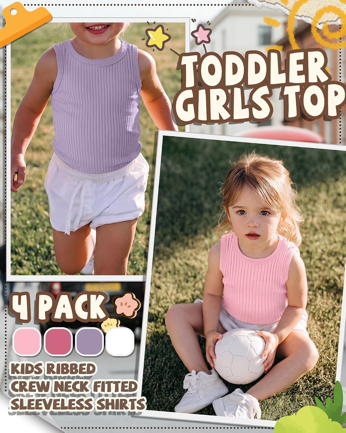 4 Pack Toddler Girls Cotton Tank Tops Kids Ribbed Crew Neck Fitted Sleeveless Shirts Cute Summer Undershirts 18M-5T