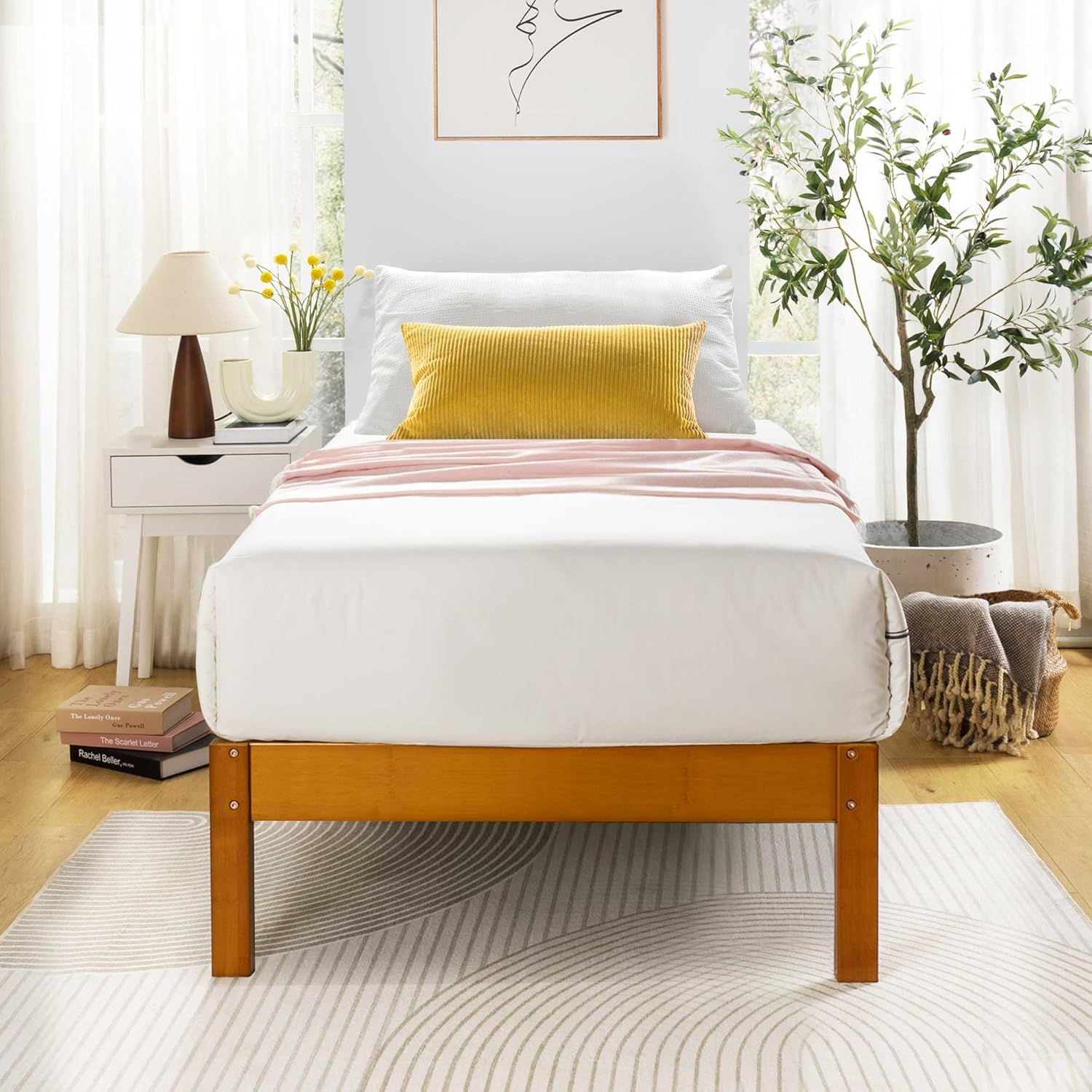 Mellow Asher 14 Inch Bamboo Wood Platform Bed with Wooden Slats, No Box Spring Needed, Easy Assembly, Twin, Natural