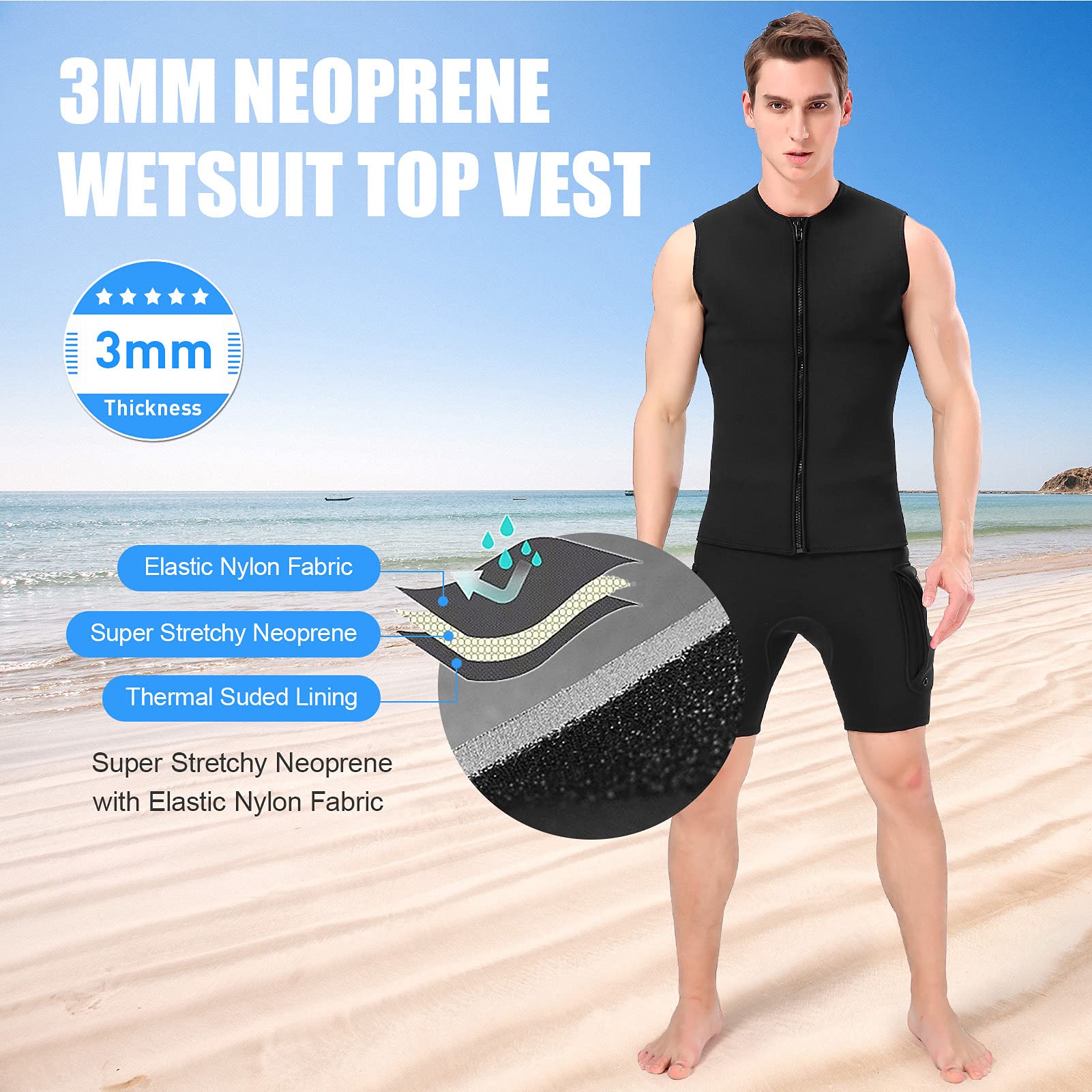 Gilet de Combinaison de Plongée 3mm, Homme Haut Thermique de Combinaison sans Manches Parfait à Le Kayak, la Plongée