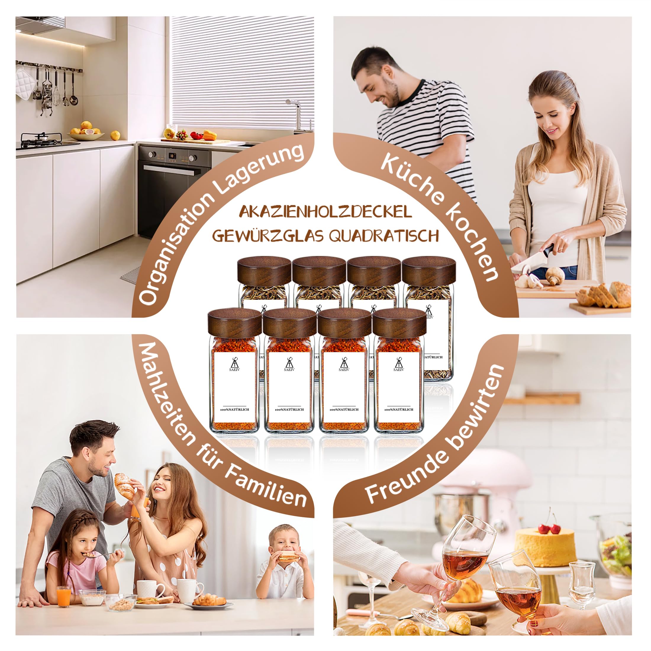 MRVNN Spice Jars 35 sztuk, kwadratowe słoiki na przyprawy z drewnianą pokrywką, 120 ml, zestaw pojemników na przyprawy z pokrywkami i etykietami, antypoślizgowe pojemniki na przyprawy