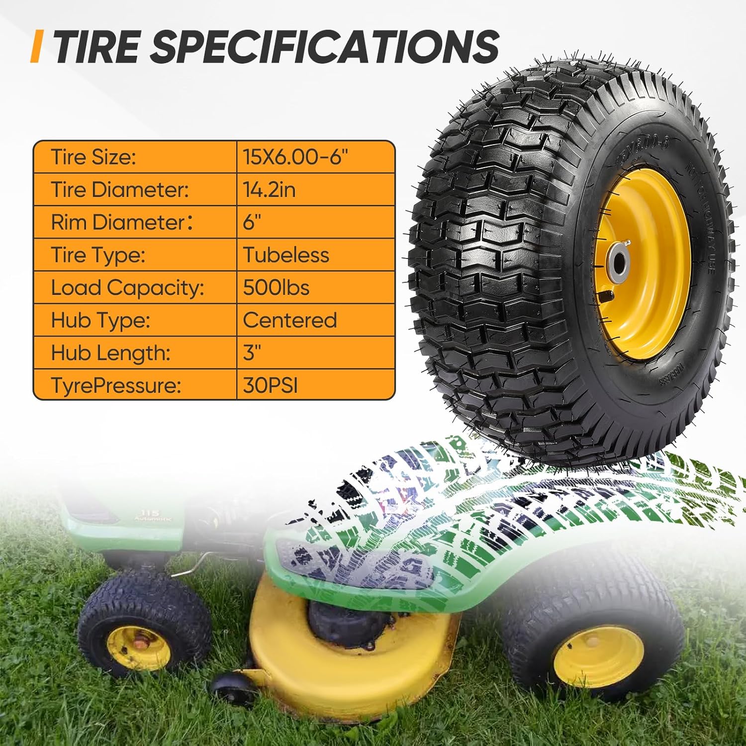 15x6.00-6 Lawn Mower Tires, 4 Ply Tubeless 15x6-6 Front Tire Assembly Replacement for John Deere Craftsman Husqvarna Riding Mowers, 500lbs Capacity, 3" Centered Hub, 3/4" Bushing, 2 Pack