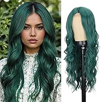 Vista 10 de Peluca larga ondulada marrón degradado para mujer, de 26 pulgadas, raya en medio, pelucas de aspecto natural, fibra sintética resistente al calor