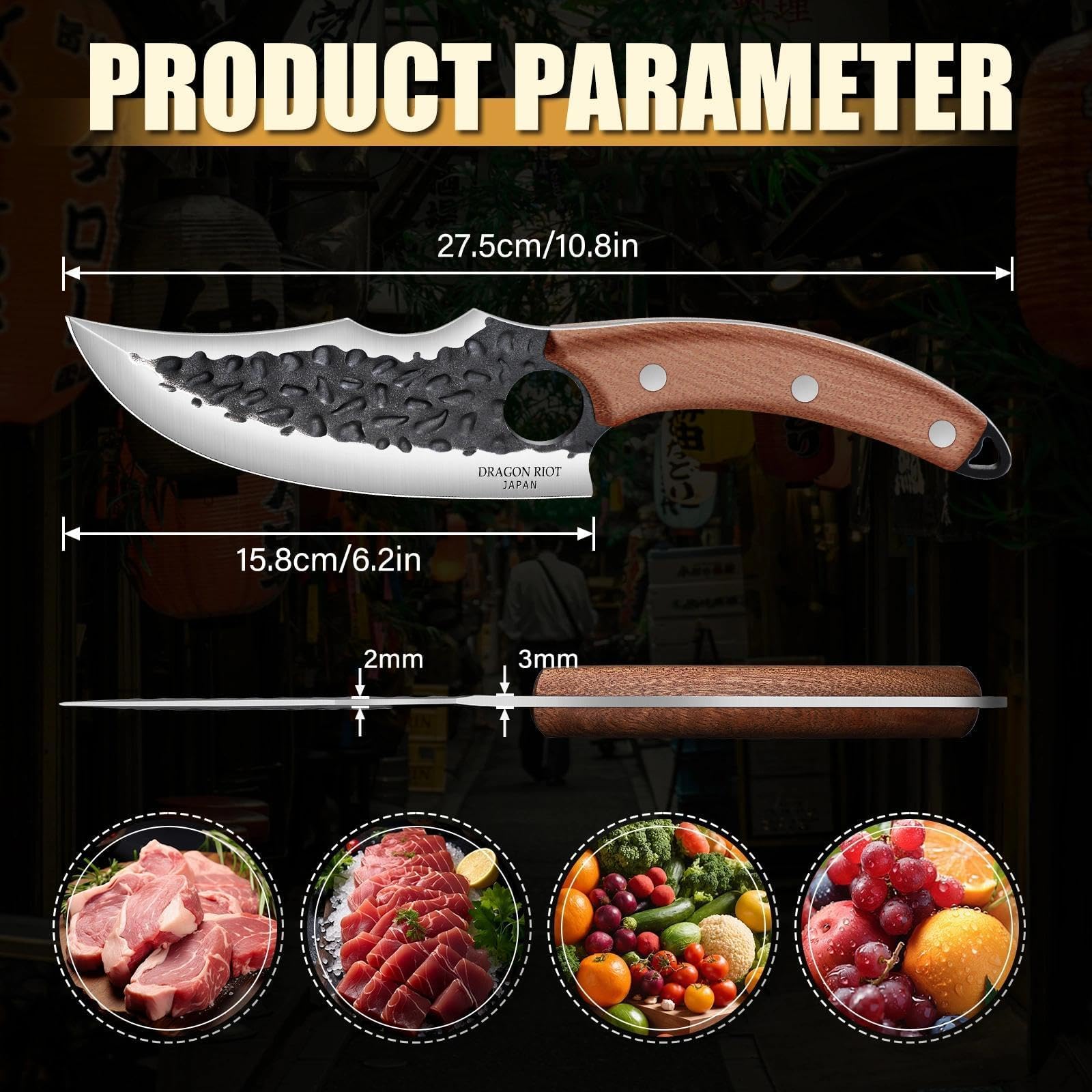 DRAGON RIOT Wikinger-Messer zum Fleischschneiden, Geschmiedetes Japanisches Küchenmesser - Scharf Grillmesser, Japanisches Messer für Küche und Outdoor BBQ, Geschenkidee für Männer (Ohne Scheide)
