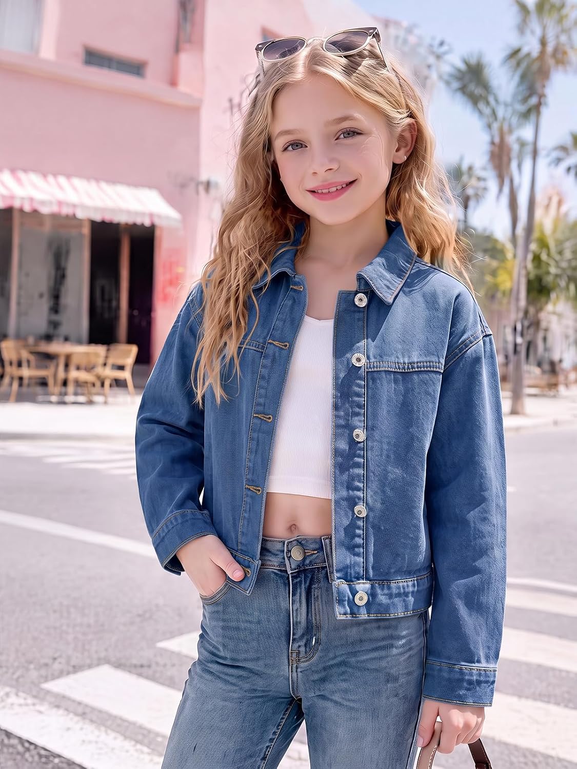 Haloumoning Girls Cropped Denim Jacket Front Button Collared Outerwear