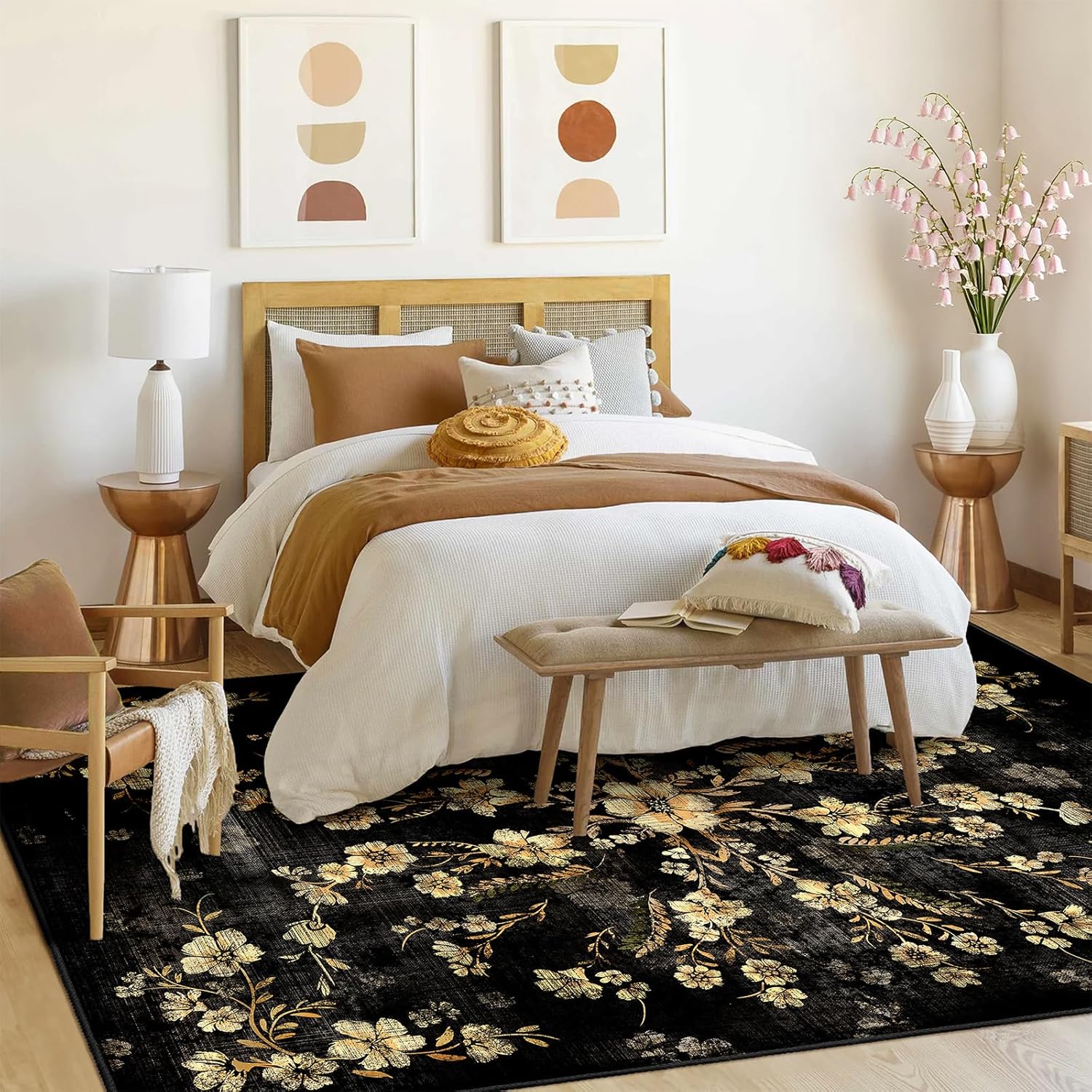 Large Black Floral Area Rugs 8x10 Washable Rug for Living Room Bedroom Dining Room,Boho Vintage Bohemian Farmhouse Distressed Oriental Non Slip Carpet,Gold Flowers Decor