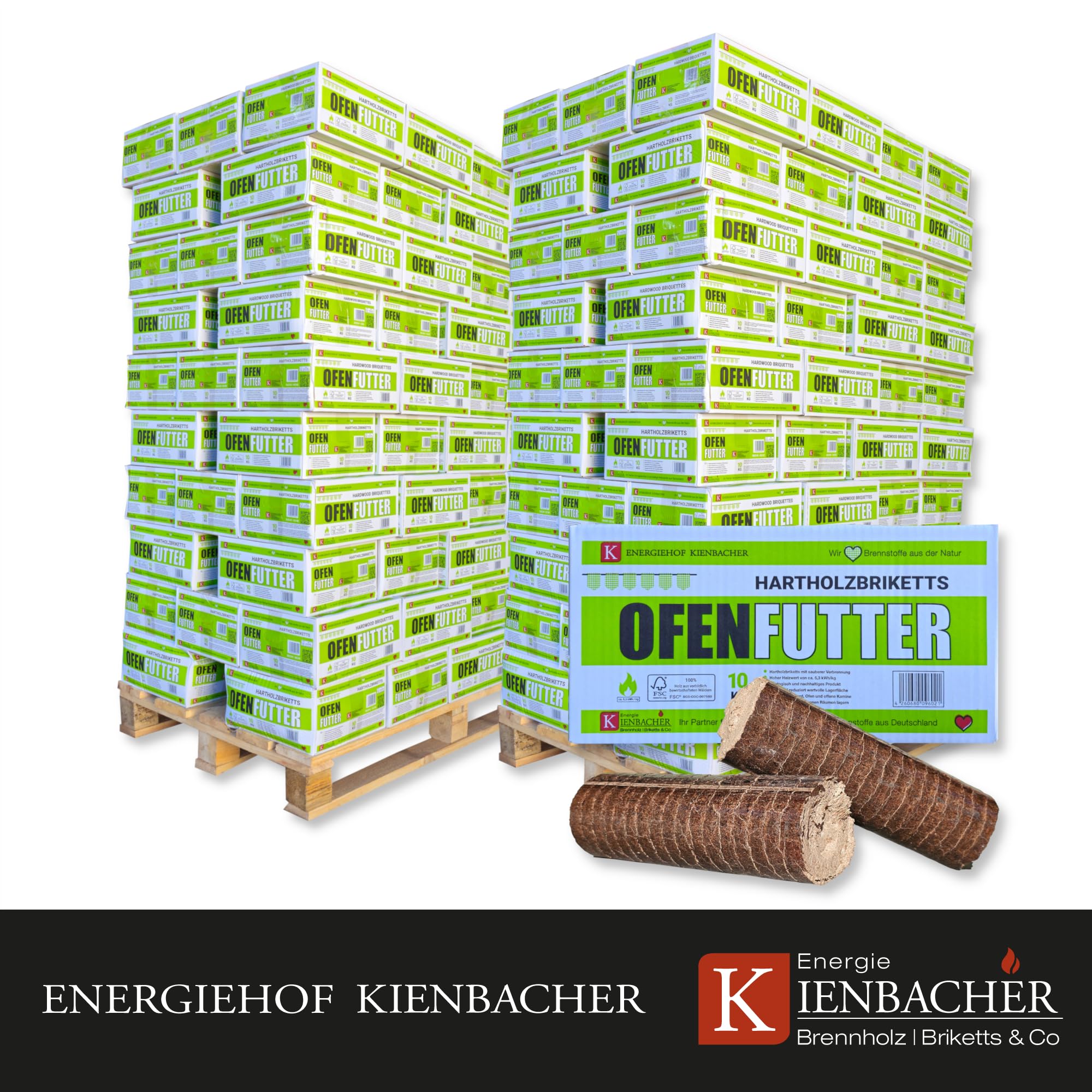2000kg Nestro Hartholzbriketts Buche und/oder Eiche, je nach Verfügbarkeit, im 10kg Karton FSC Gluthalter Kamin Ofen Brenn Holzbriketts Kohle | 2 Paletten | Energie Kienbacher