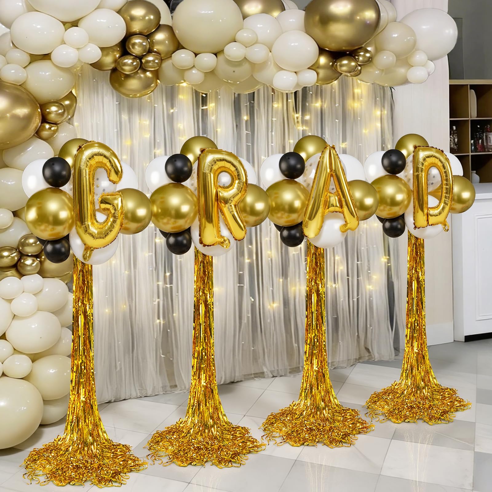 Decoraciones de graduación 2026: juego de 4 topiarios de globos de pie, kit de soporte para globos, centros de mesa de fiesta con cortinas de lluvia doradas, decoraciones de clase de 2026 para jardín