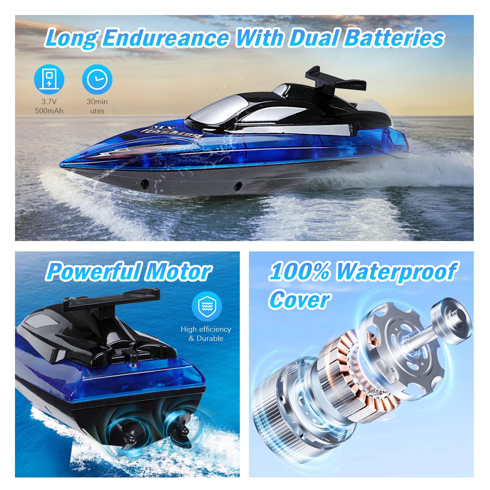 Barco RC para Niños con Luces LED, Control 2.4 GHz, 2 Baterías Recargables, Alarma de Batería Baja, Juguete Acuático para Piscinas y Lagos, Niños de 8 a 12 Años