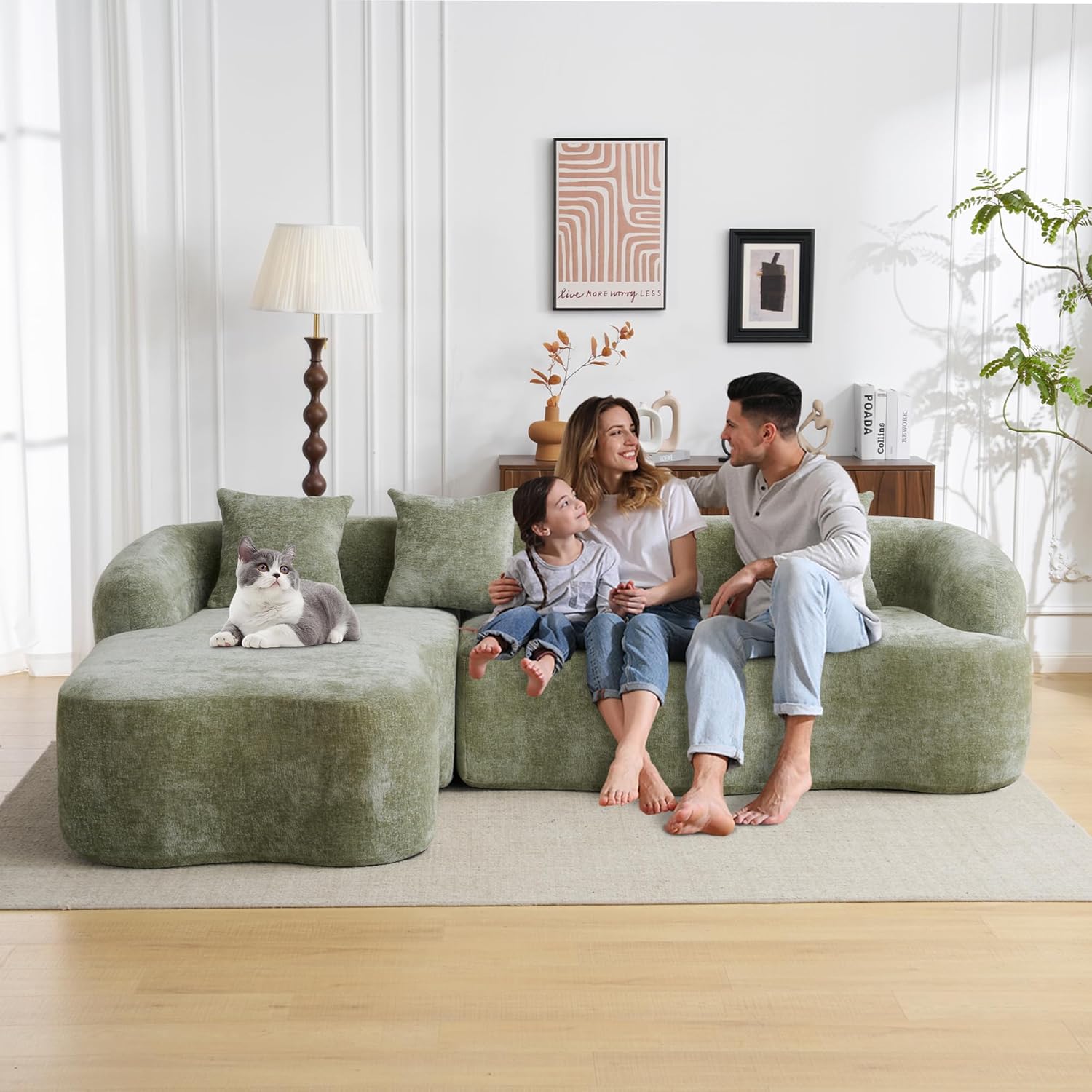 104.7" Cloud Sectional Couch with L-Shape Couches-Boneless with Deep Seat,Chenille Fabric Modern Modular Sofa,Curved Couches for Living Room, Memory Foam Couch,No Assembly Sofas (Green)