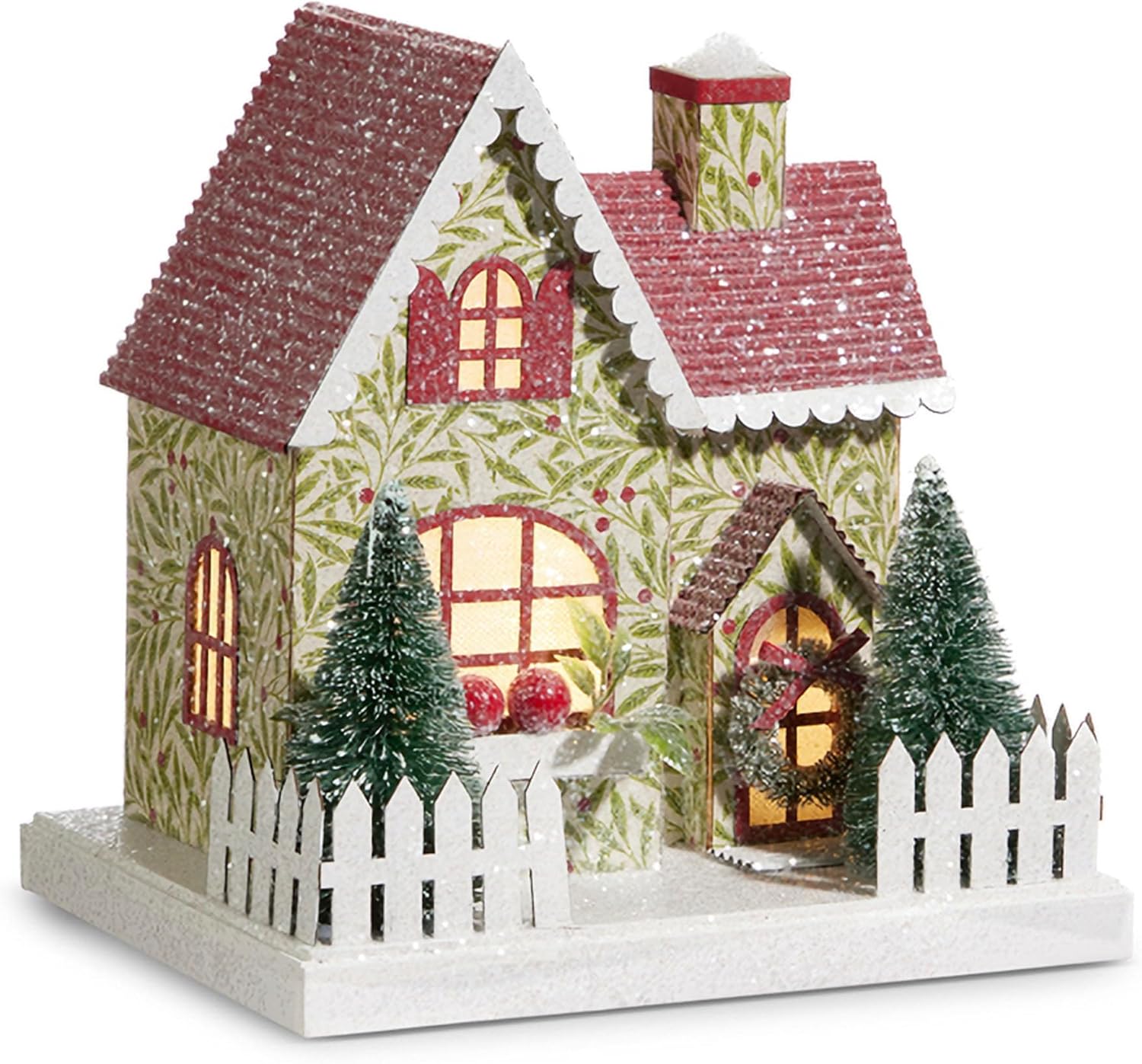 Raz Imports Lighted Greenery and Red Berry House Figurine, 8.75-inch Length, Paper and Sisal, Christmas Season Decoration