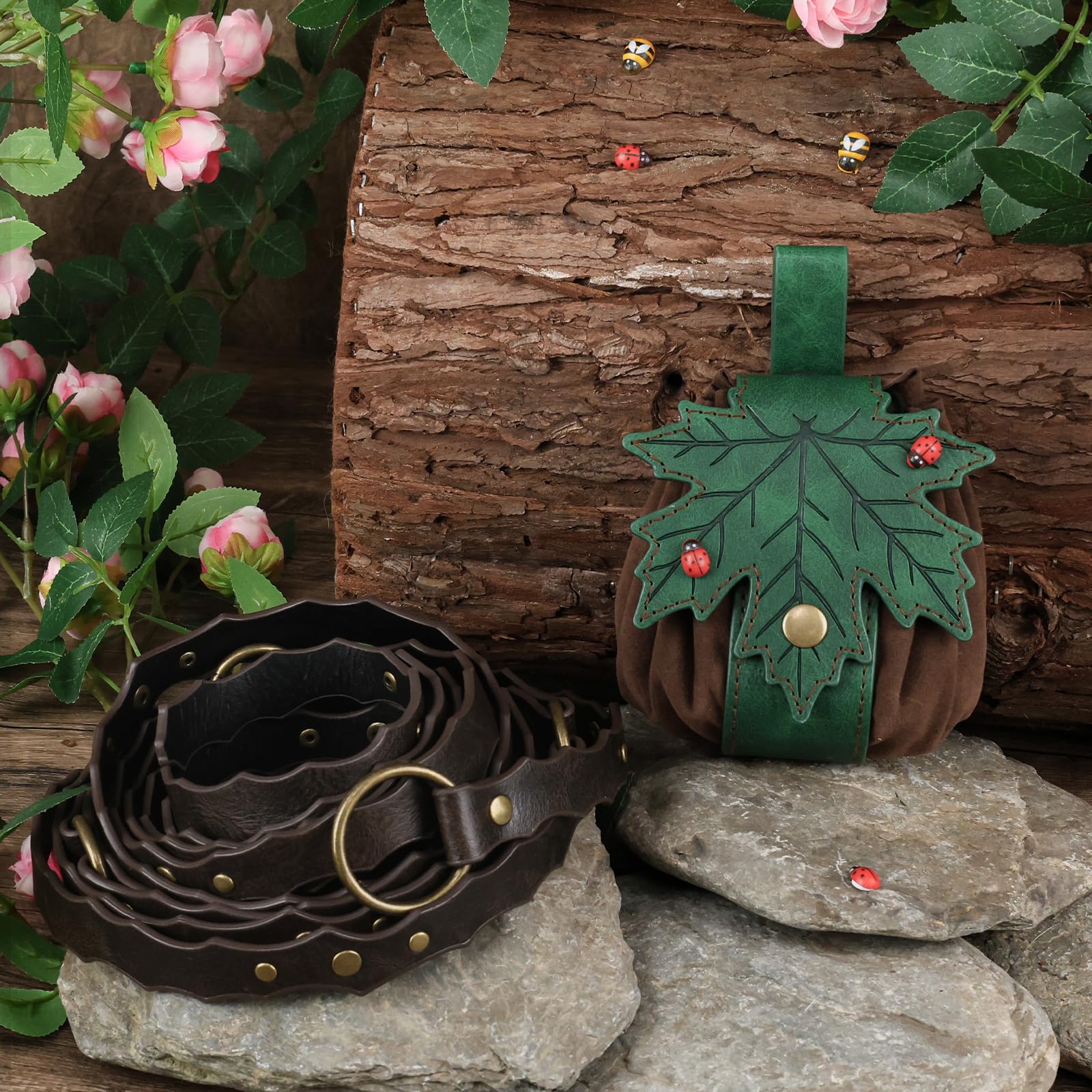 HiiFeuer Średniowieczny pasek renesansowa torebka z liśćmi, bagladybug dekoracja torba na kości elfie akcesoria do sukienki na LARP Ren Faire Halloween