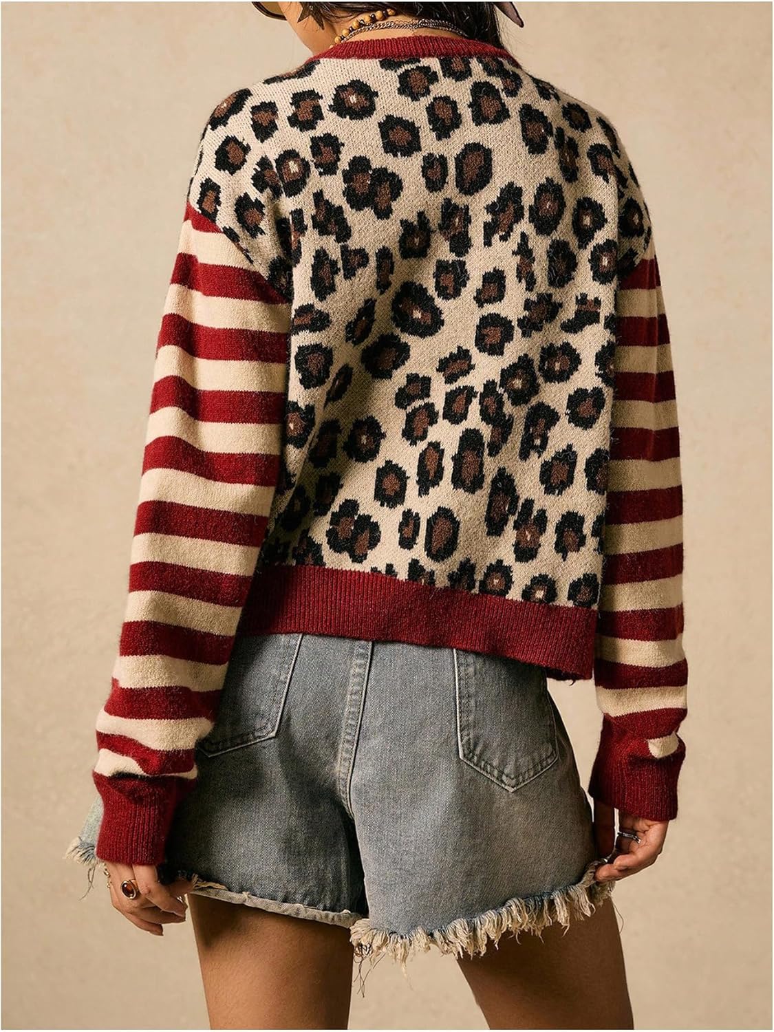 SOLY HUX Women's Leopard Cardigan Sweater Y2k Striped Button Down Long Sleeve Crewneck Colorblock Trendy Tops - Image 2