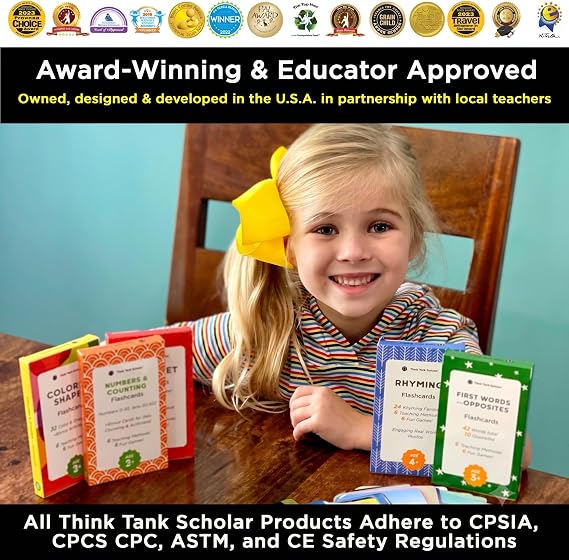 Award-Winning Flash Cards for Preschool & Kindergarten 5-Deck Set, 180 Jumbo Cards Learn Alphabet, Numbers, Colors, Shapes, First Words, Opposites & Rhyming for Kids Ages 35