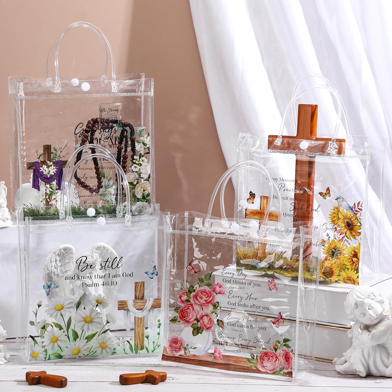 Amylove 36 Pcs Clear Mother's Day Christian Gift Bags Bulk Women Scripture Bags with Handle Bible Verse Flower Cross Themed Christian Faith Totes for Mother's Day Women Church Party Supplies Decor
