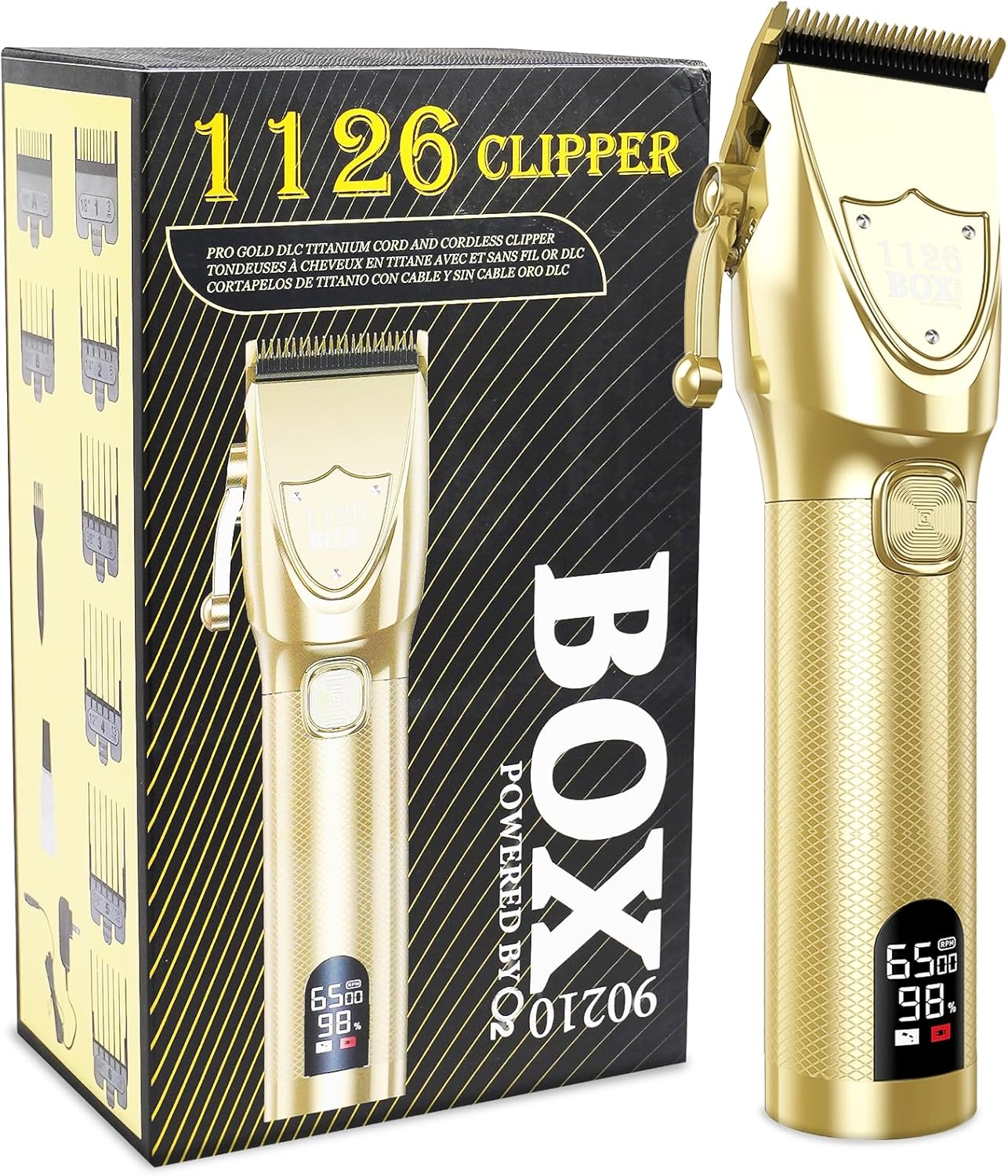1126 PRO GOLD DLC Titanium Cord & Cordless Clipper – Professional High-Torque Grooming Machine with Adjustable Blade, Digital Display & Long-Lasting Power, by BOX90210
