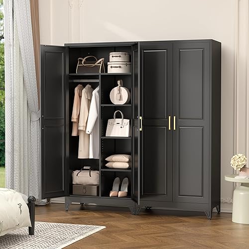 Miniatura 8 de Metal Armoire Wardrobe Closet, 71" Tall Wardrobe Cabinet with 2 Doors, Hanging Rod and Adjustable Shelves, Steel Clothing Storage Cabinet for