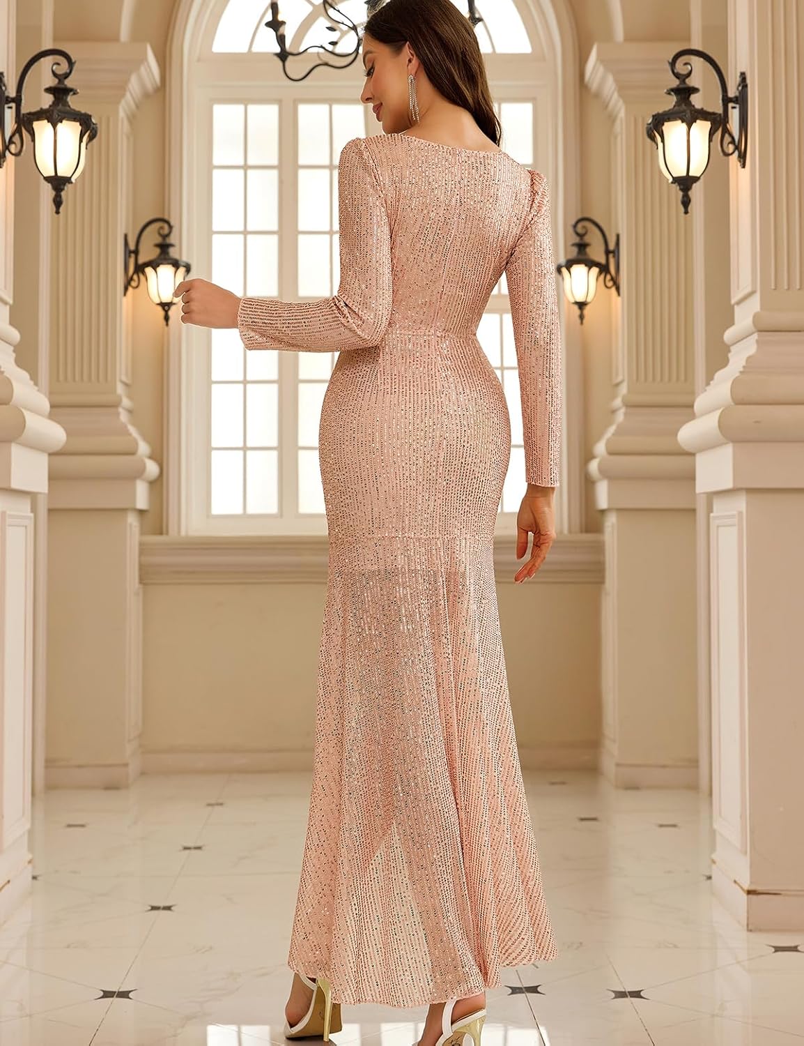 Women's Long Sequin Formal Dresses Long-Sleeve Cocktail Wedding Guest Dresses Elegant V Neck Party Gowns - Image 2