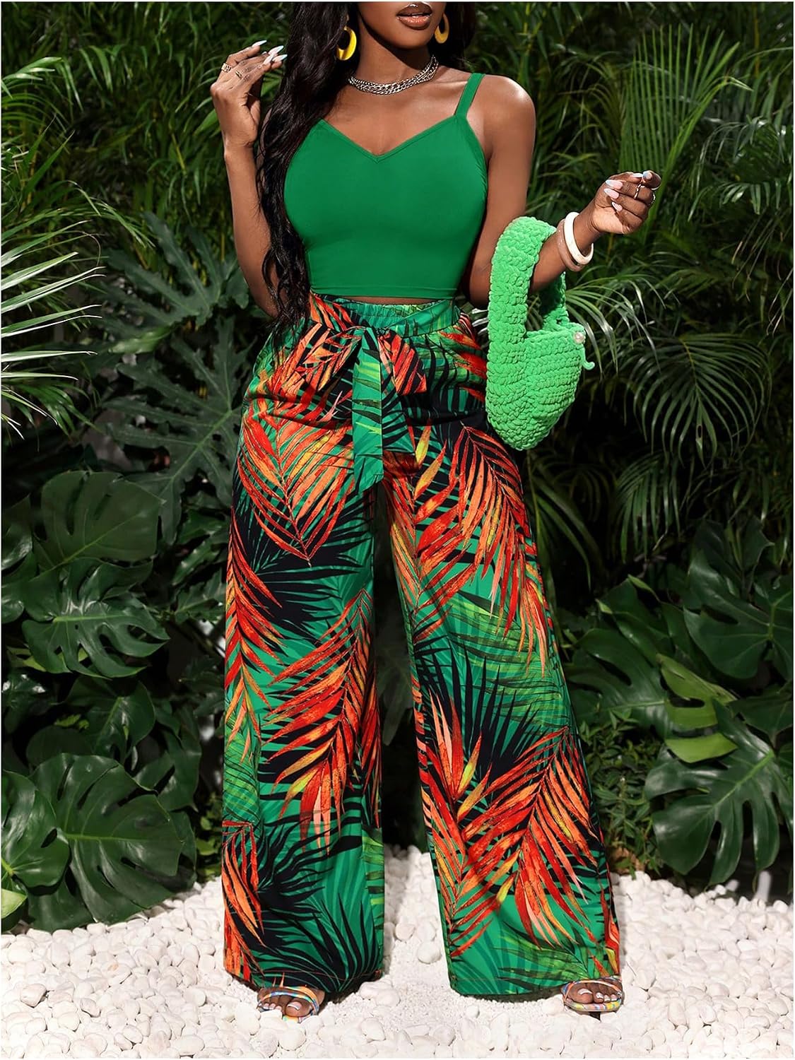 SOLY HUX Women's Summer Vacation Clothes 2 Piece Outfit Camisole Top and Tropical Pants Cruise Wear