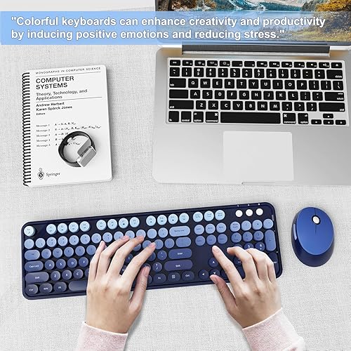 Vista 138 de Combo de teclado y mouse inalámbricos, colorido teclado ergonómico de tamaño completo con diseño retro, silencioso, con teclas bonitas, compatible