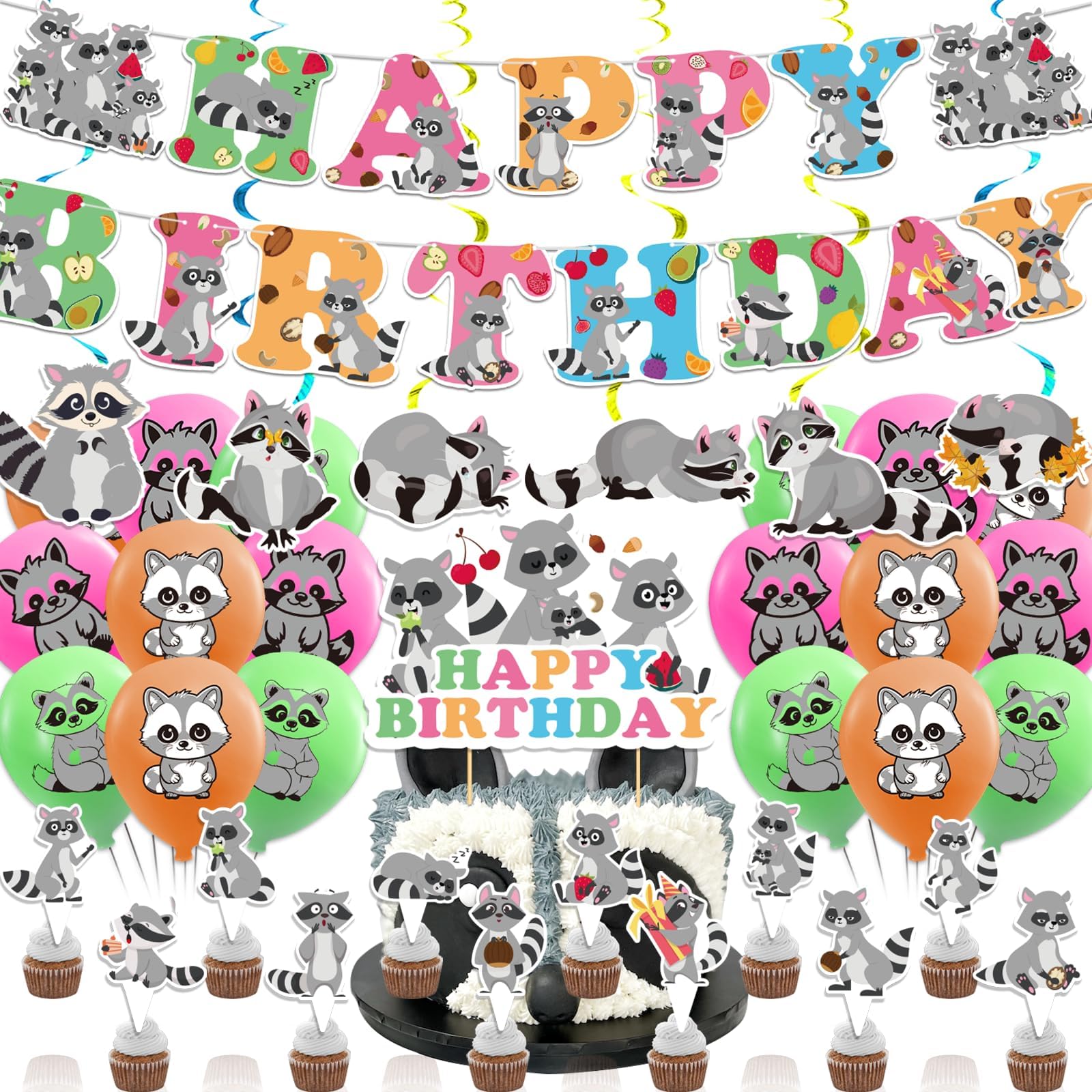 Raccoon Birthday Party Supplies Raccoon Party Decorations Set With Raccoon Birthday Balloons Banner Hanging Swirls Cake Cupcake Toppers for Woodland Animals Party Raccoon Baby Shower Decorations