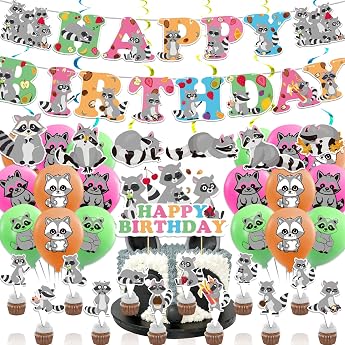 Raccoon Birthday Party Supplies - Decoration Set with Banner Hanging Swirls Cake Cupcake Toppers Balloons for Forest Animals Baby Shower
