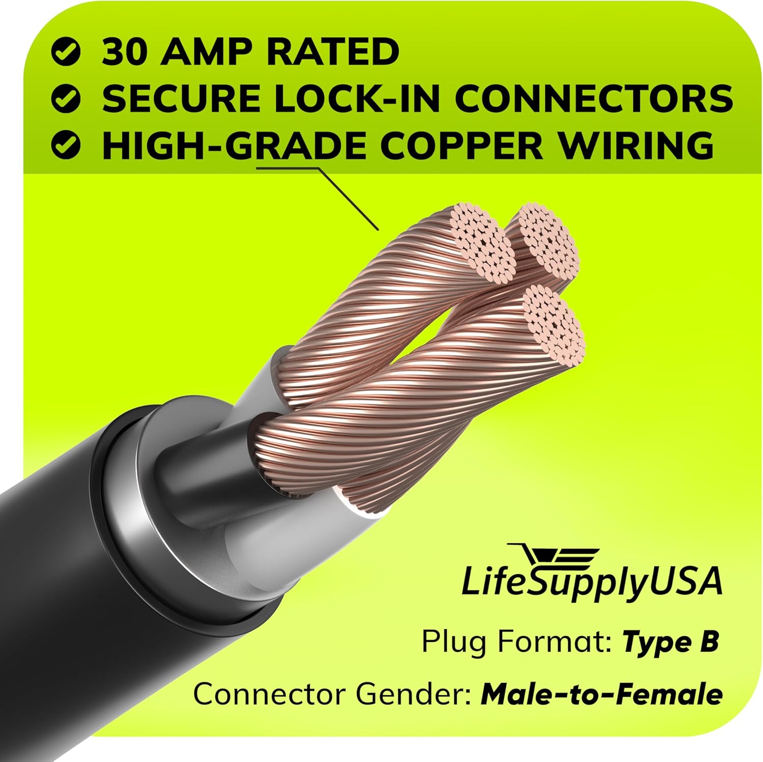 15FT Marine Shore Power Cord 30 Amp, NEMA L5-30P to L5-30R Twist Lock, 125V 10AWG SJTW Extension Cable with Lighted Connector, ETL Listed for Boat RV Dock by LifeSupplyUSA