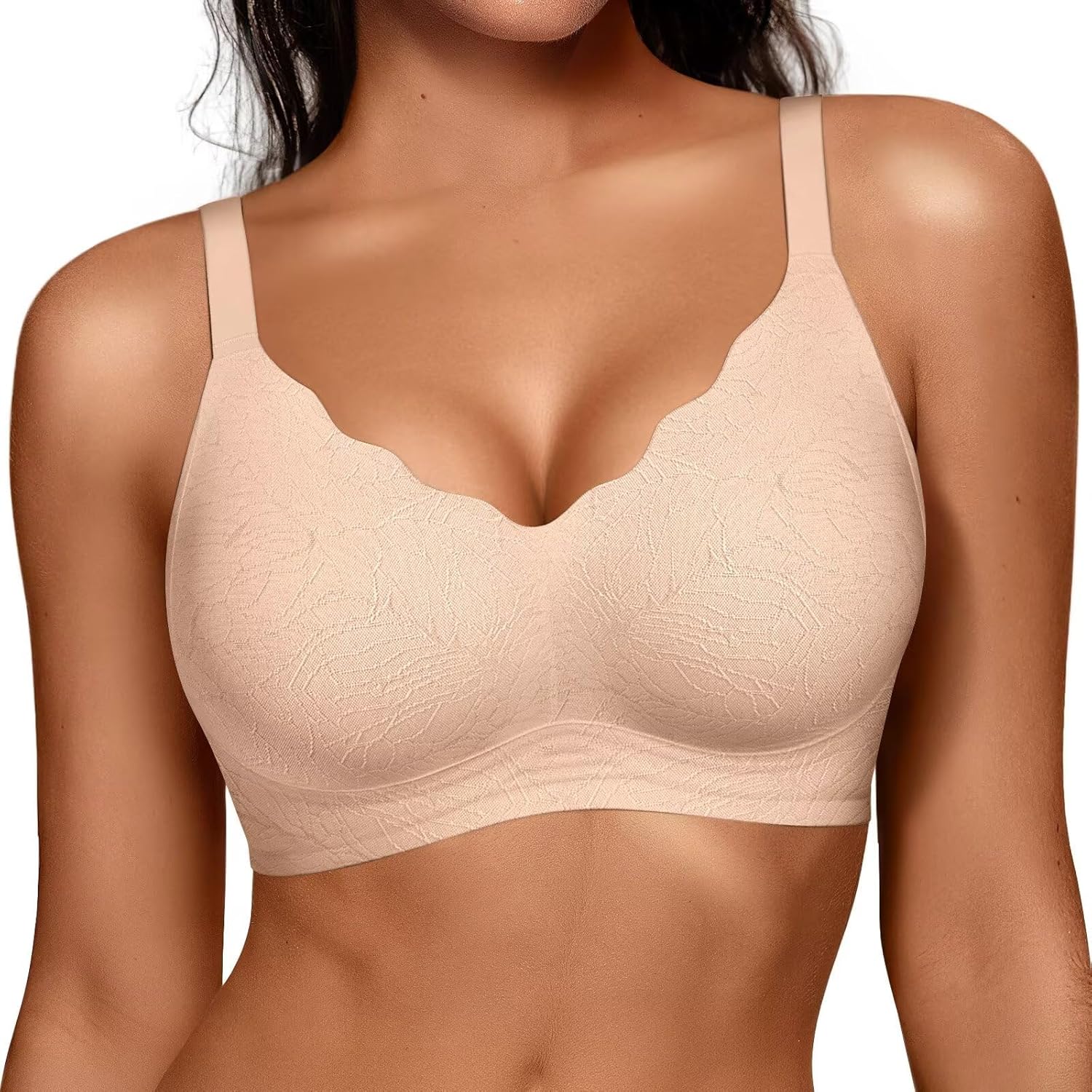 Vertvie Women Seamless Jelly Bras No Underwire Supportive Wireless Push Up Full Coverage Bralette Comfy Scalloped T-Shirt Bra